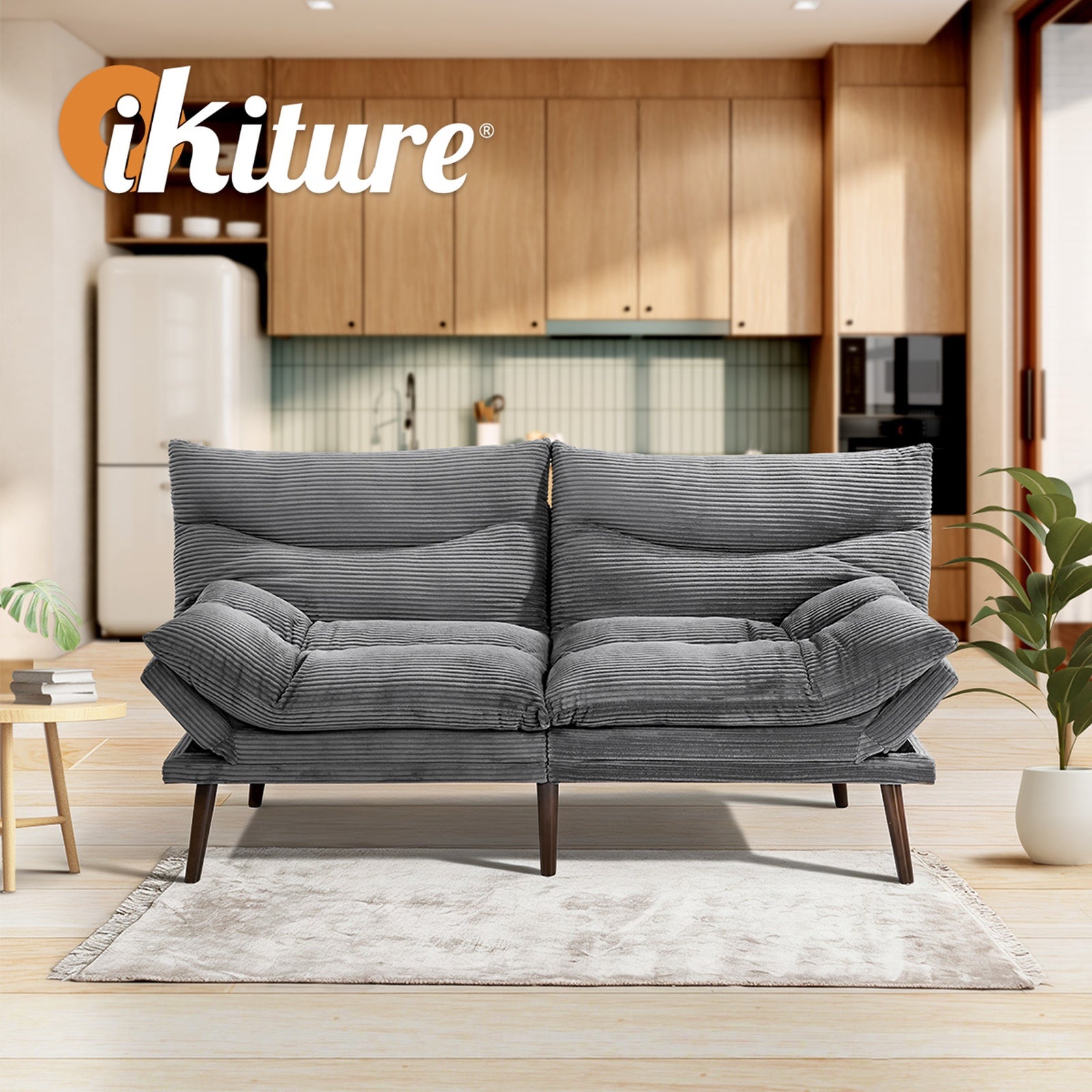Oikiture 3 Seater Sofa Bed Recliner Lounge Couch Convertible Corduroy Grey