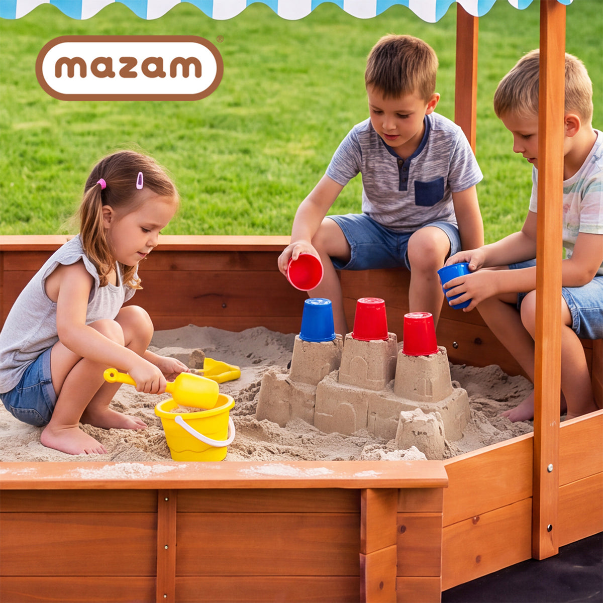 Mazam 210cm Kids Octagonal Wooden Sandpit Sandbox UV Canopy Seats Bottom Liner