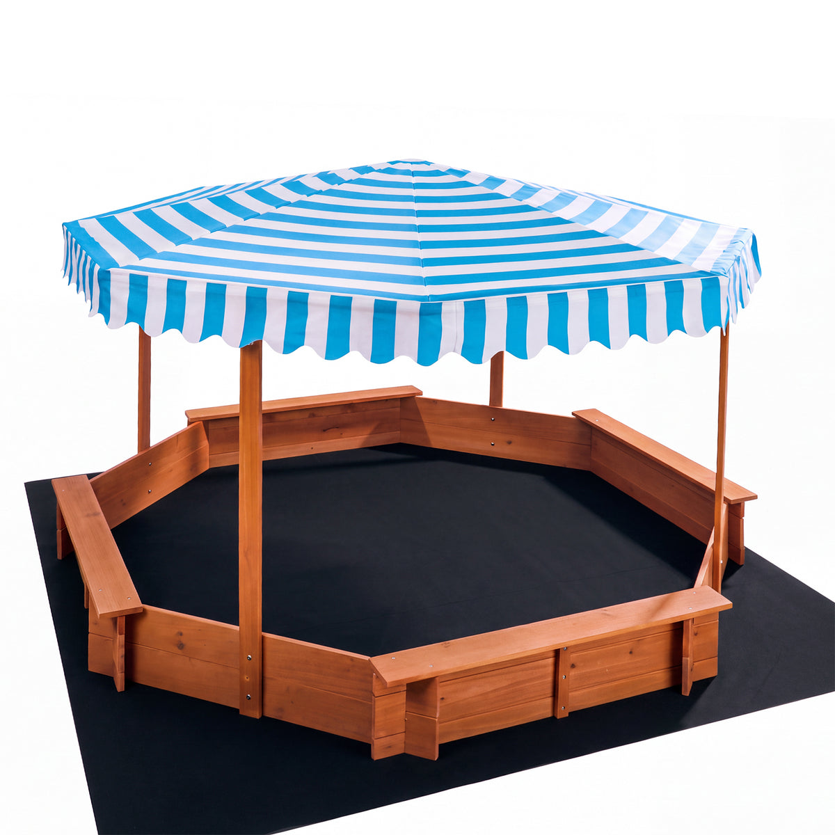 Mazam 210cm Kids Octagonal Wooden Sandpit Sandbox UV Canopy Seats Bottom Liner