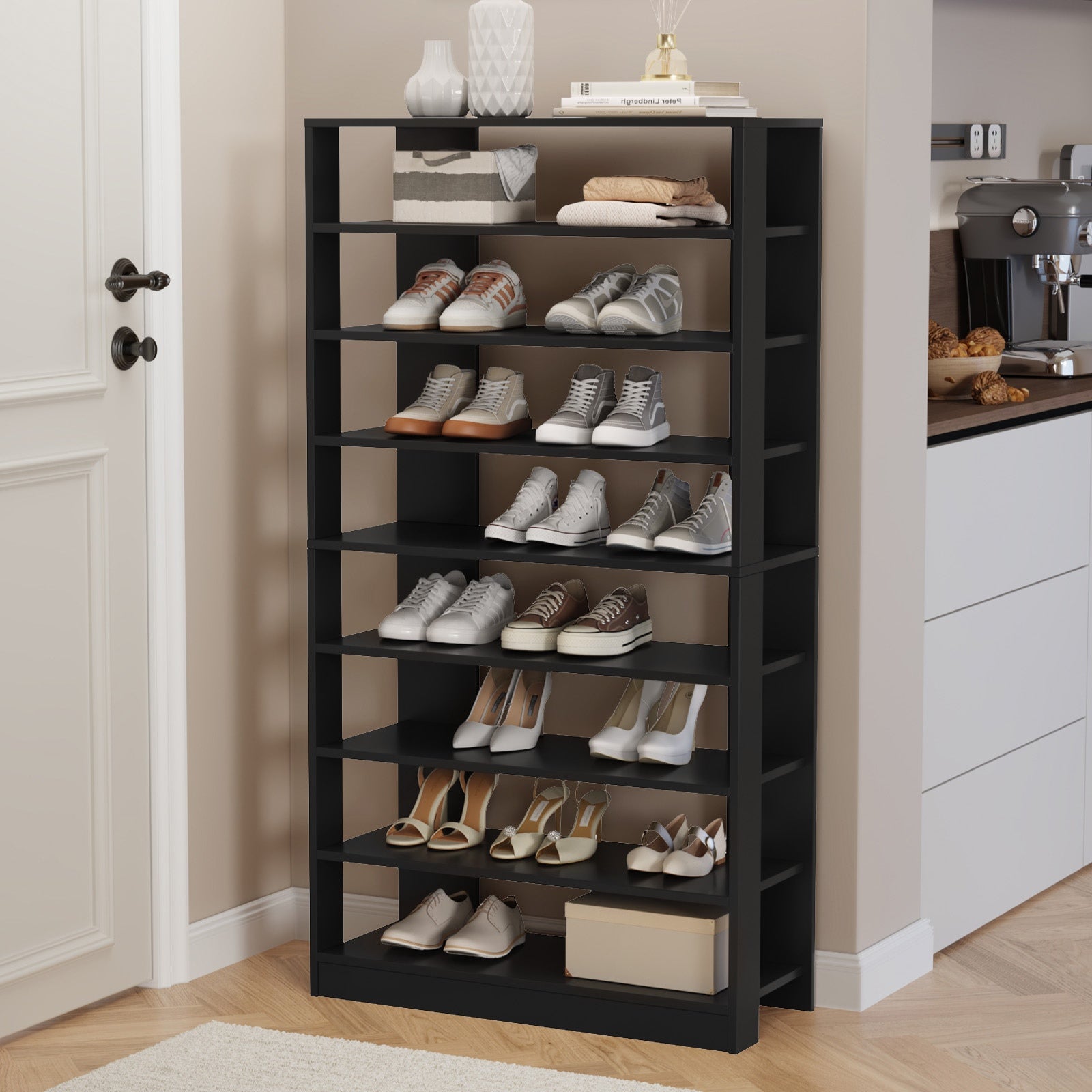 Oikiture 9 Tiers Shoe Rack Open Shelf Storage Organiser White/Natural/Black