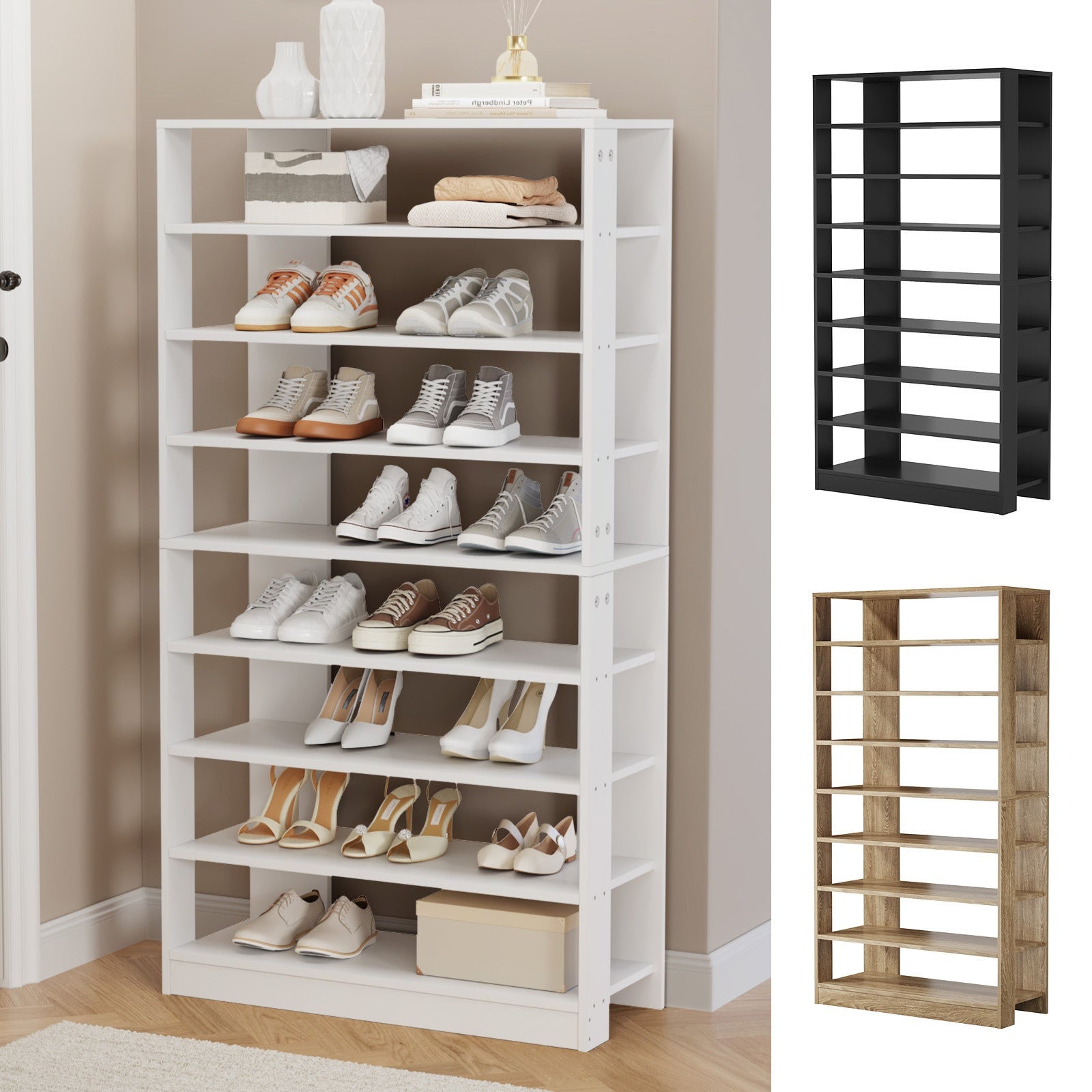 Oikiture 9 Tiers Shoe Rack Open Shelf Storage Organiser White/Natural/Black