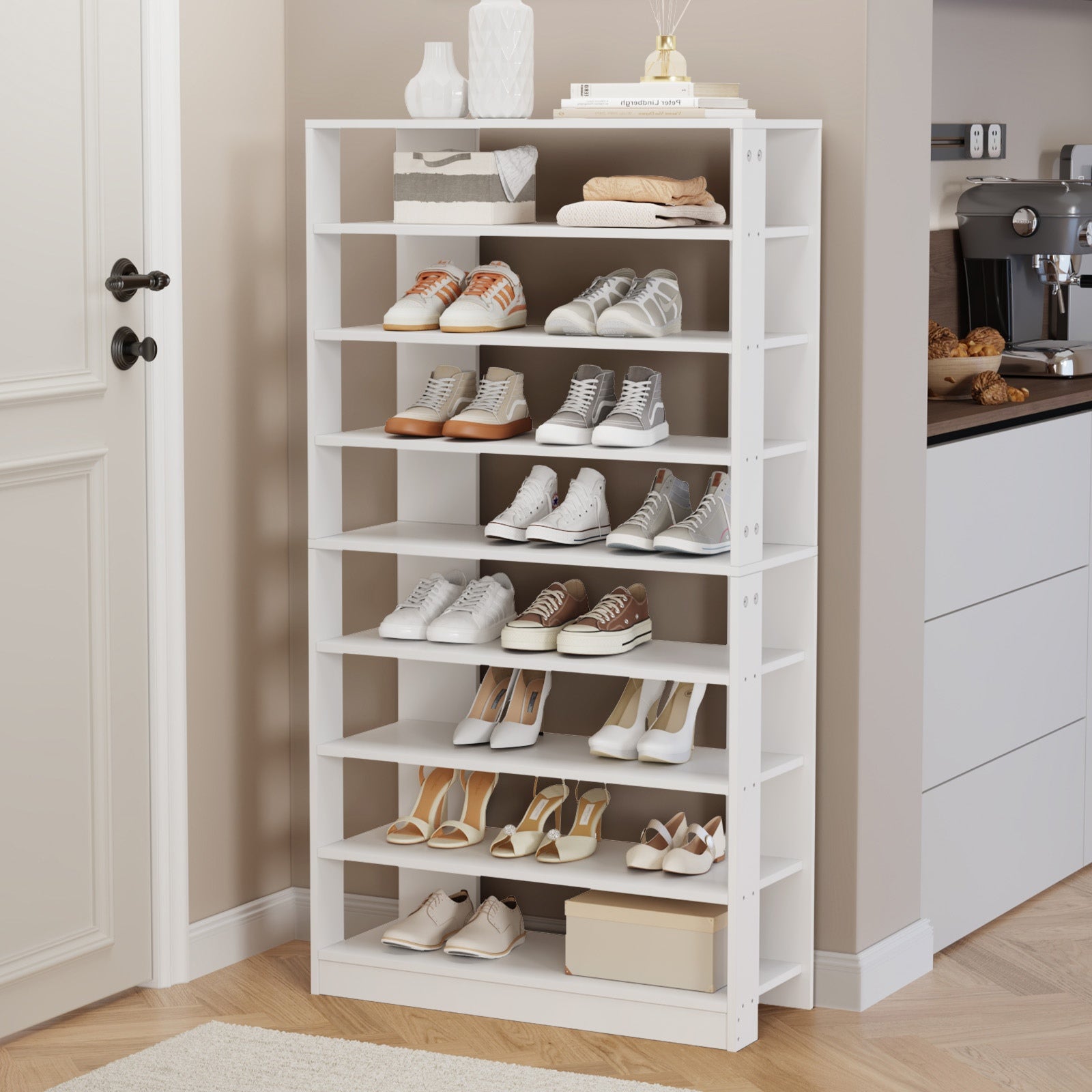 Oikiture 9 Tiers Shoe Rack Open Shelf Storage Organiser White/Natural/Black