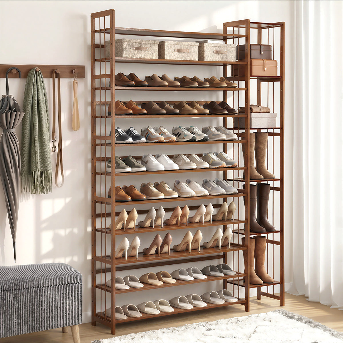 Oikiture Shoe Rack Organizer Bamboo Stand 11 Shelves with Boots Storage Brown