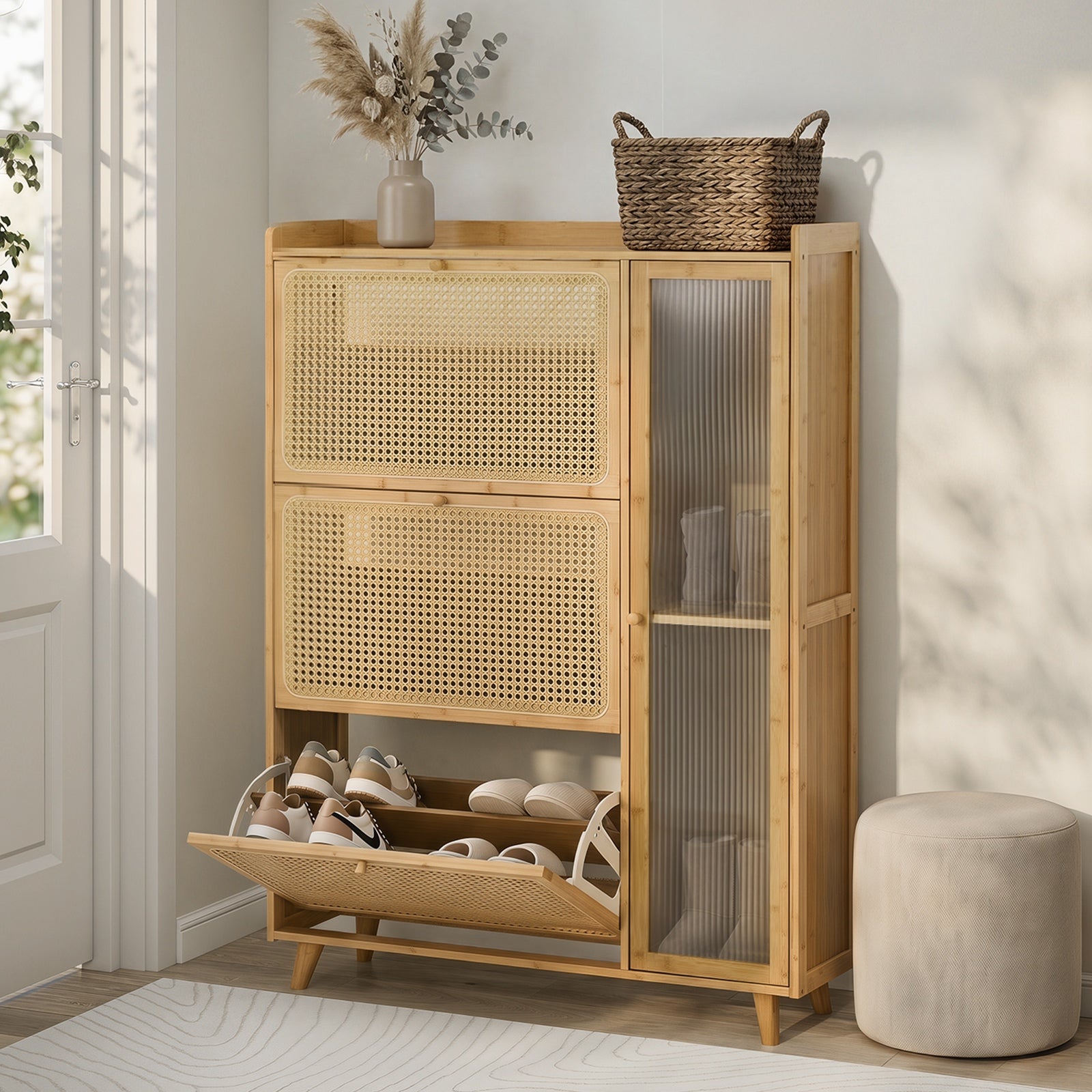 Oikiture Bamboo Shoe Storage Cabinet 3 Compartments Rack Single Door Natural