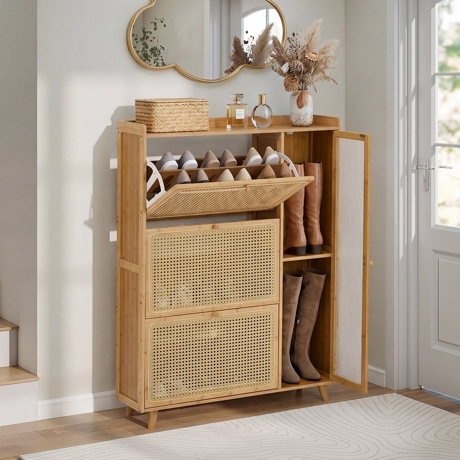 Oikiture Bamboo Shoe Storage Cabinet 3 Compartments Rack Single Door Natural