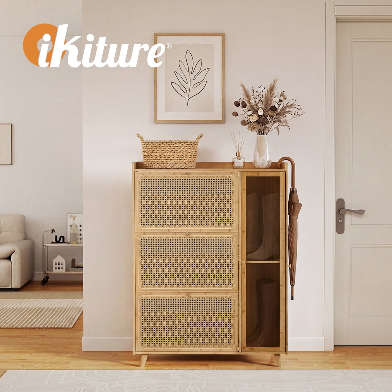 Oikiture Bamboo Shoe Storage Cabinet 3 Compartments Rack Single Door Natural