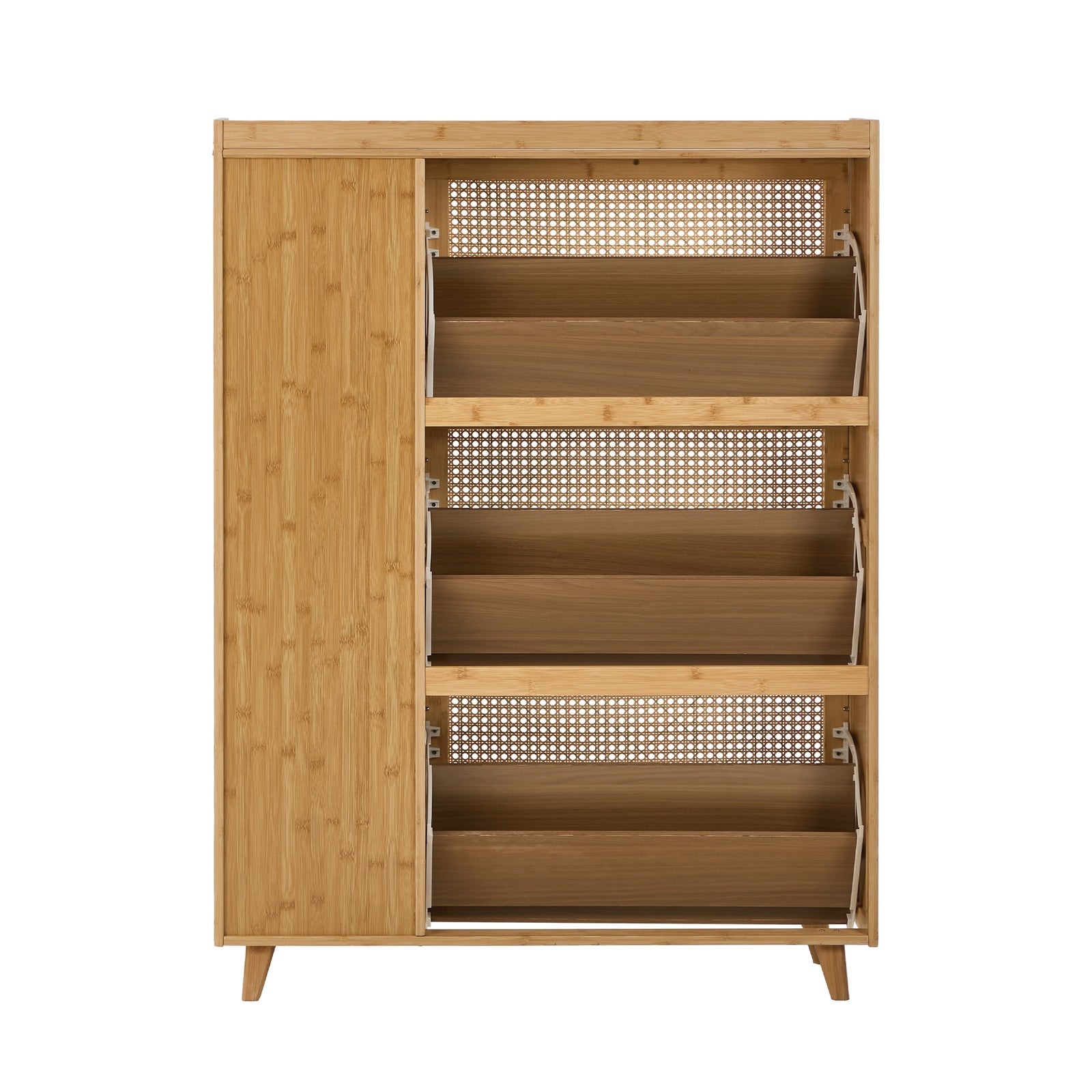 Oikiture Bamboo Shoe Storage Cabinet 3 Compartments Rack Single Door Natural