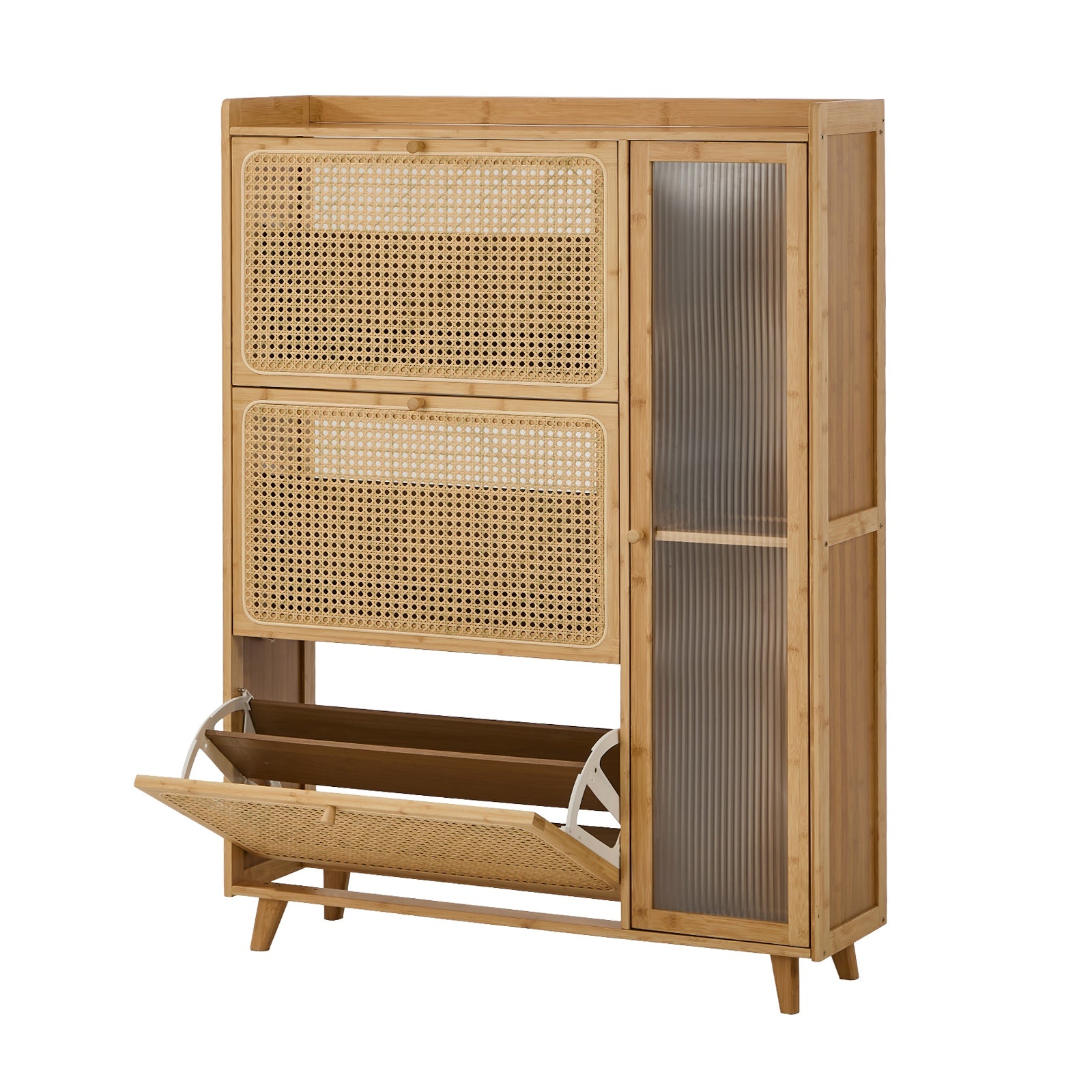 Oikiture Bamboo Shoe Storage Cabinet 3 Compartments Rack Single Door Natural