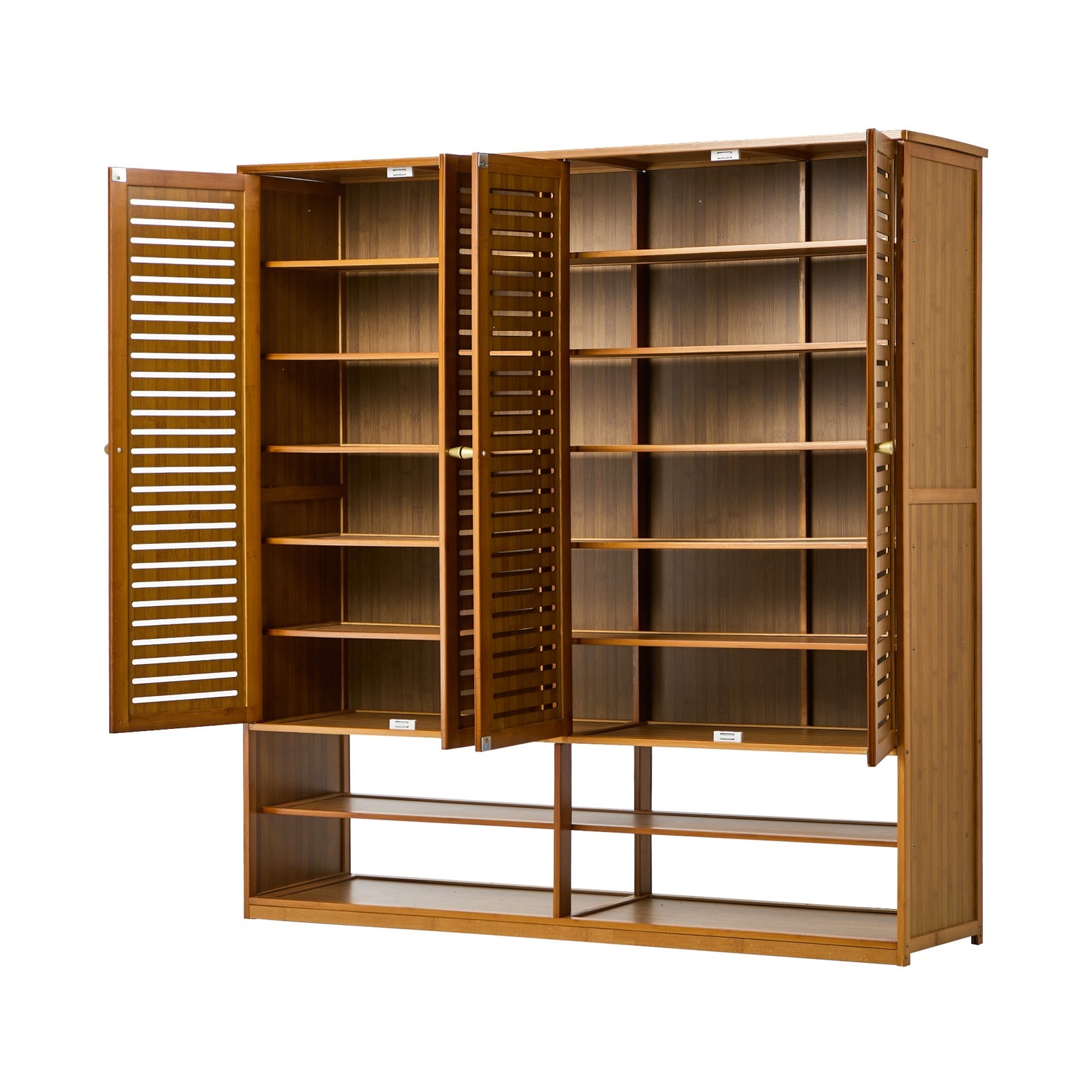 Oikiture Shoe Storage Cabinet 4 Doors Bamboo Organiser with 2 Bottom Shelf Brown