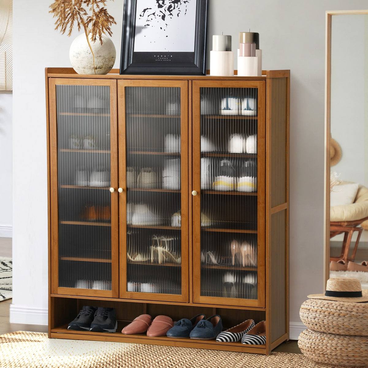 Oikiture Shoe Cabinet Shoes Storage Rack Organiser 3 Doors Shelf Brown - Sunyee
