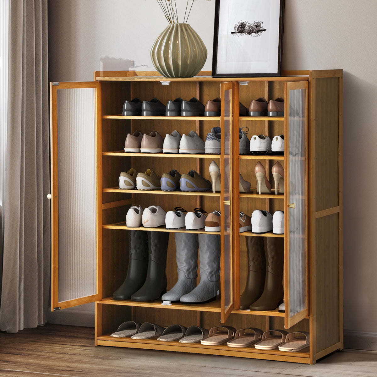 Oikiture Shoe Cabinet Shoes Storage Rack Organiser 3 Doors Shelf Brown - Sunyee