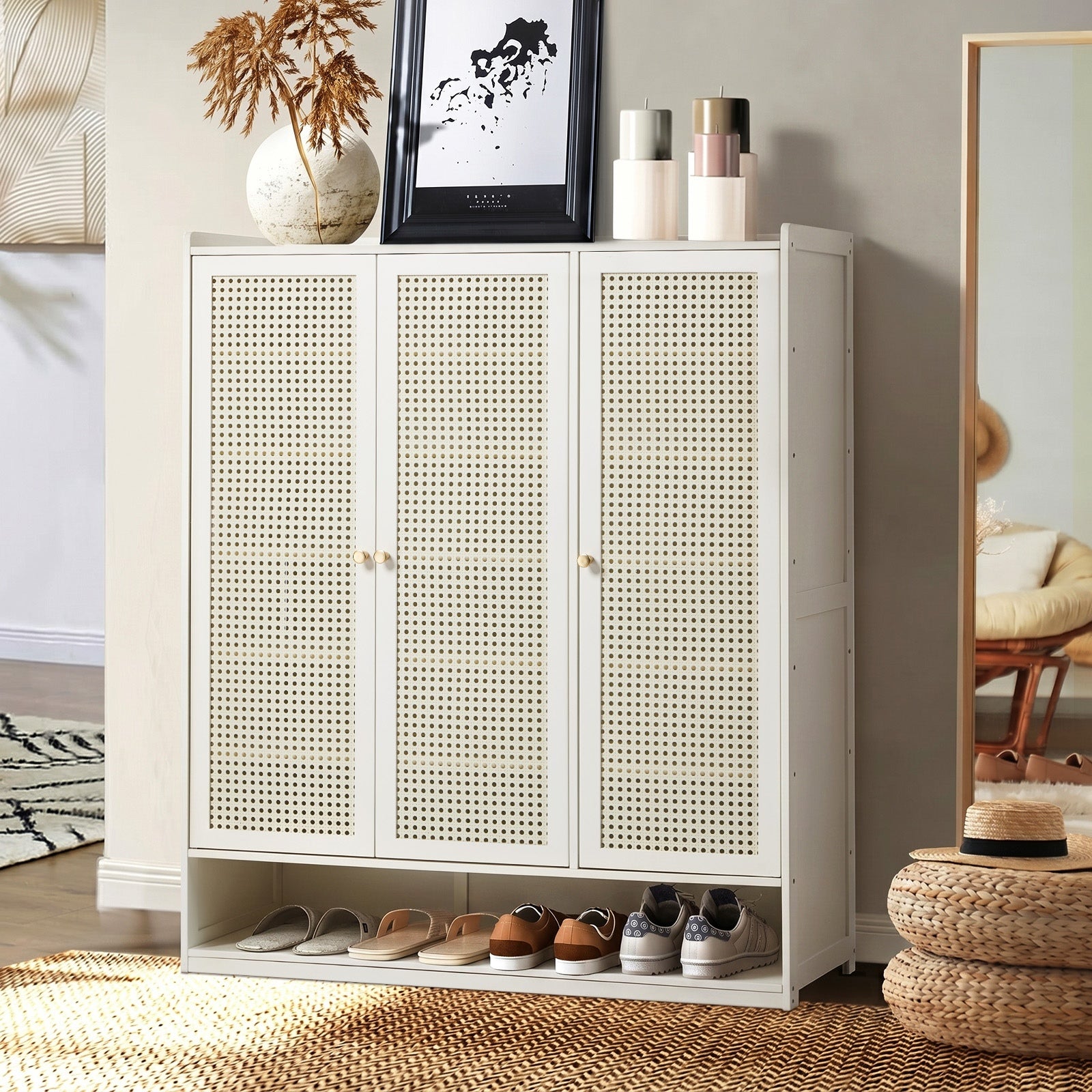 Oikiture Shoe Storage Cabinet Shoes Rack Organiser 7 Tier Shelf Rattan White