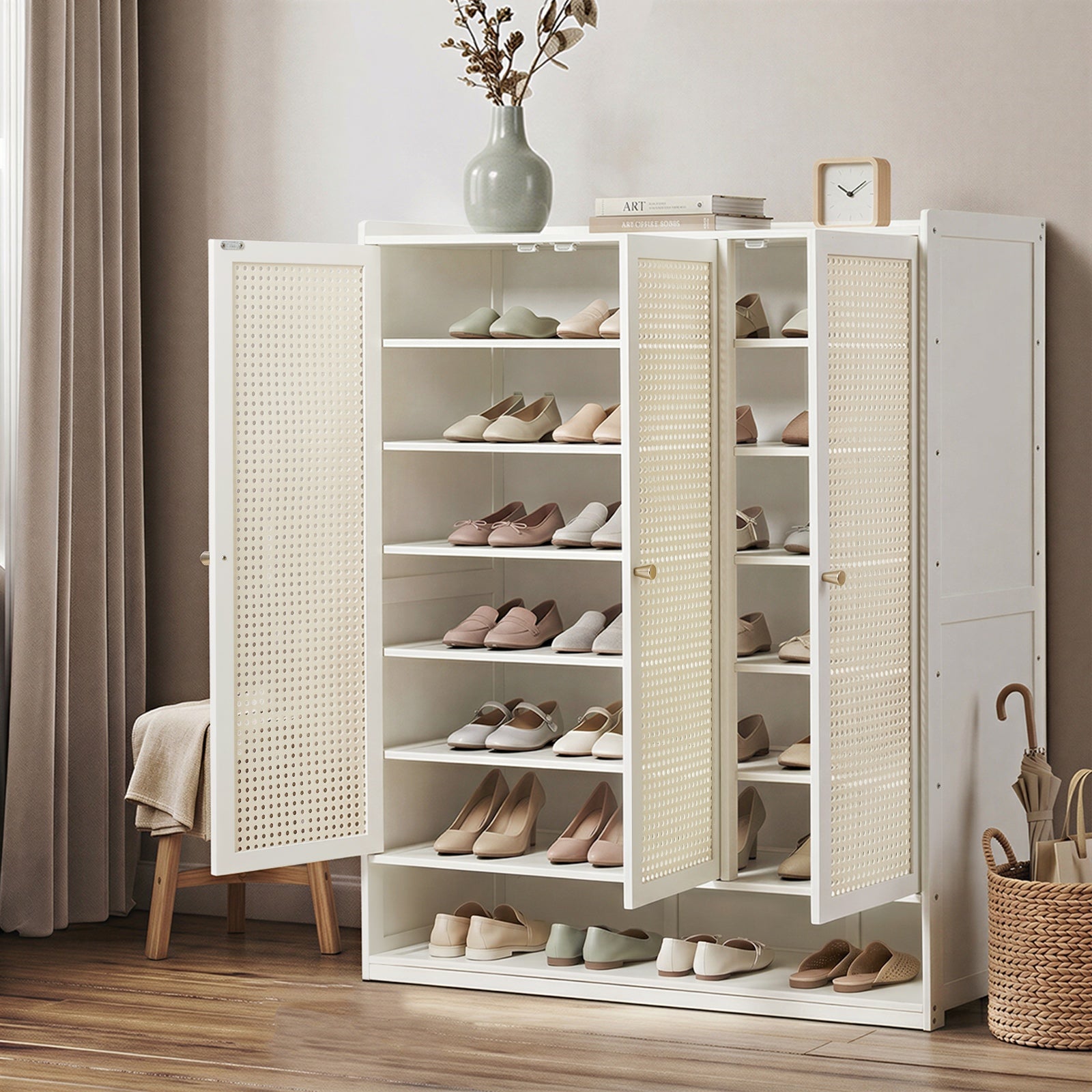 Oikiture Shoe Storage Cabinet Shoes Rack Organiser 7 Tier Shelf Rattan White