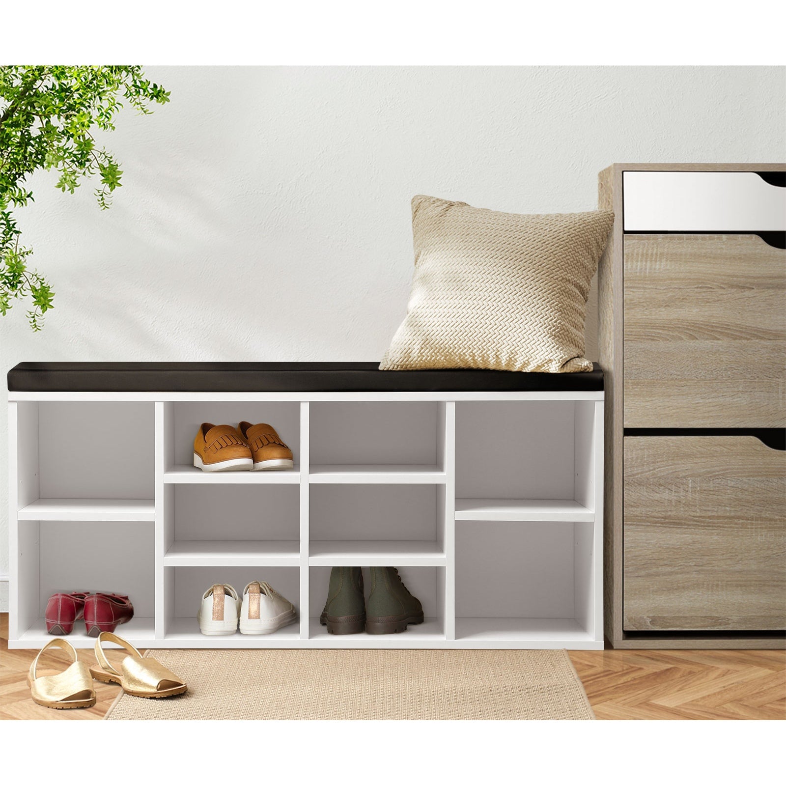 Oikiture Shoe Cabinet Bench Shoe Storage Rack PU Padded Seat Organiser Cupboard - Sunyee