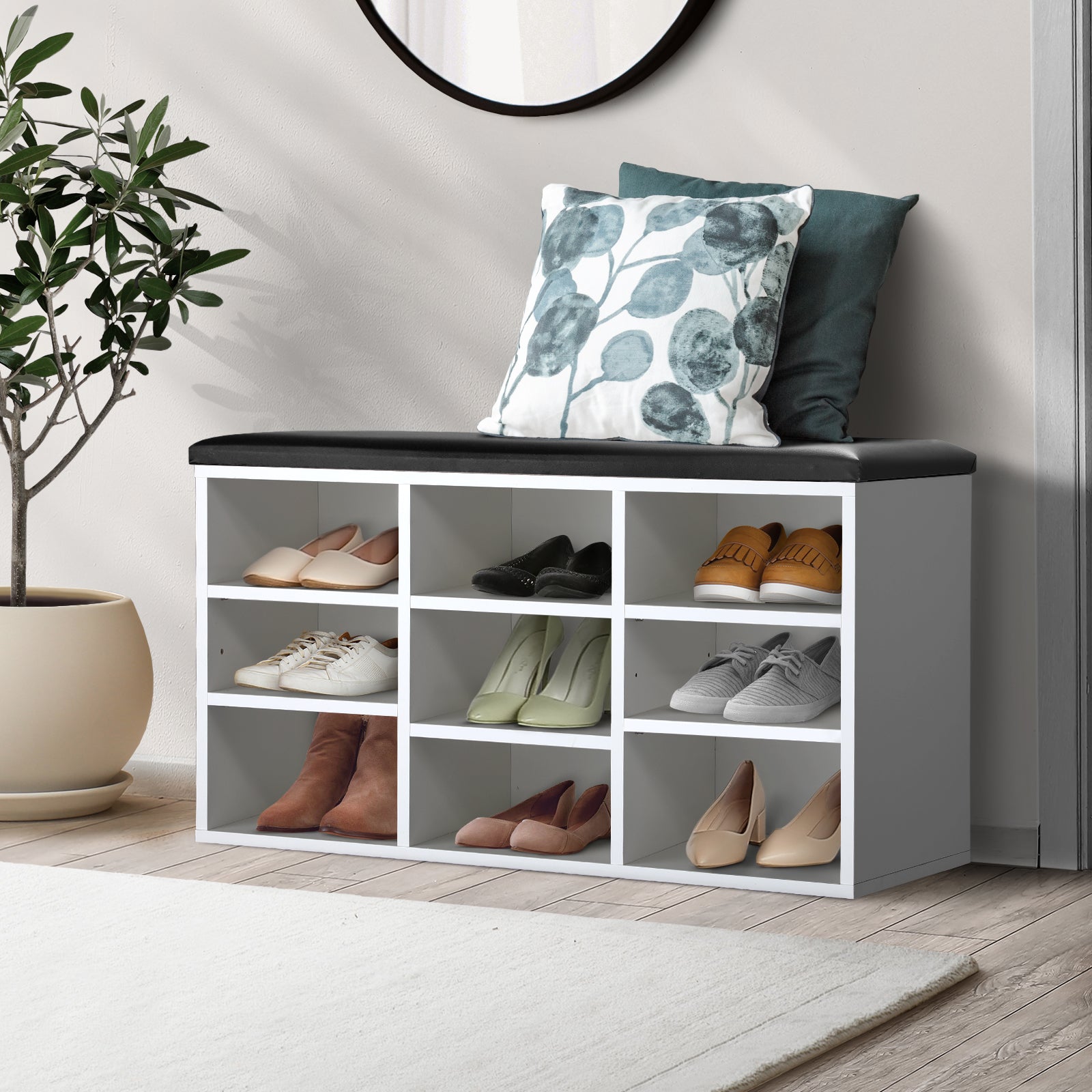 Oikiture Shoe Cabinet Bench Shoe Storage Rack PU Padded Seat Organiser Shelf