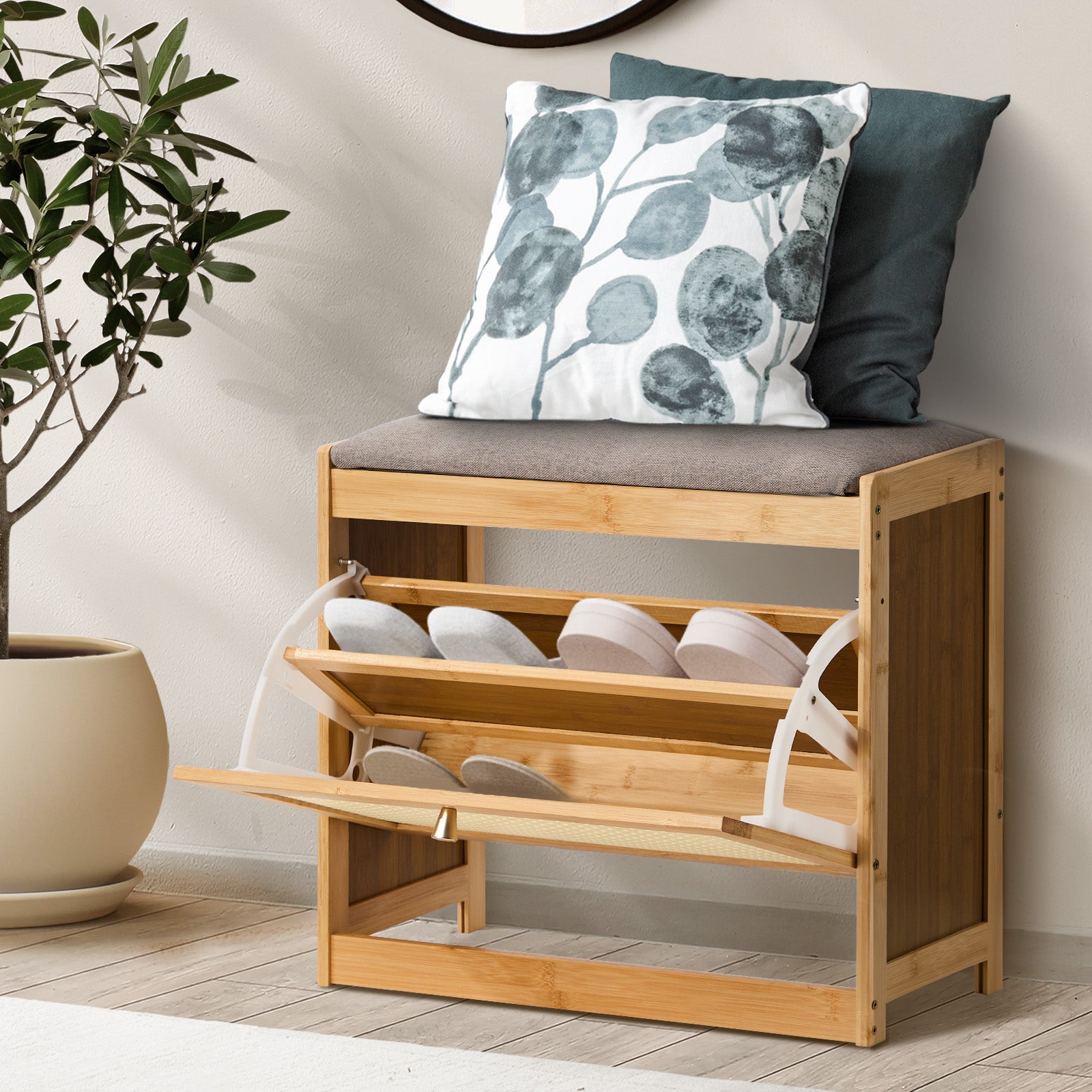 Oikiture Shoe Storage Bench Bamboo 2 in 1 Organiser Shelf with Seat 50cm - Sunyee