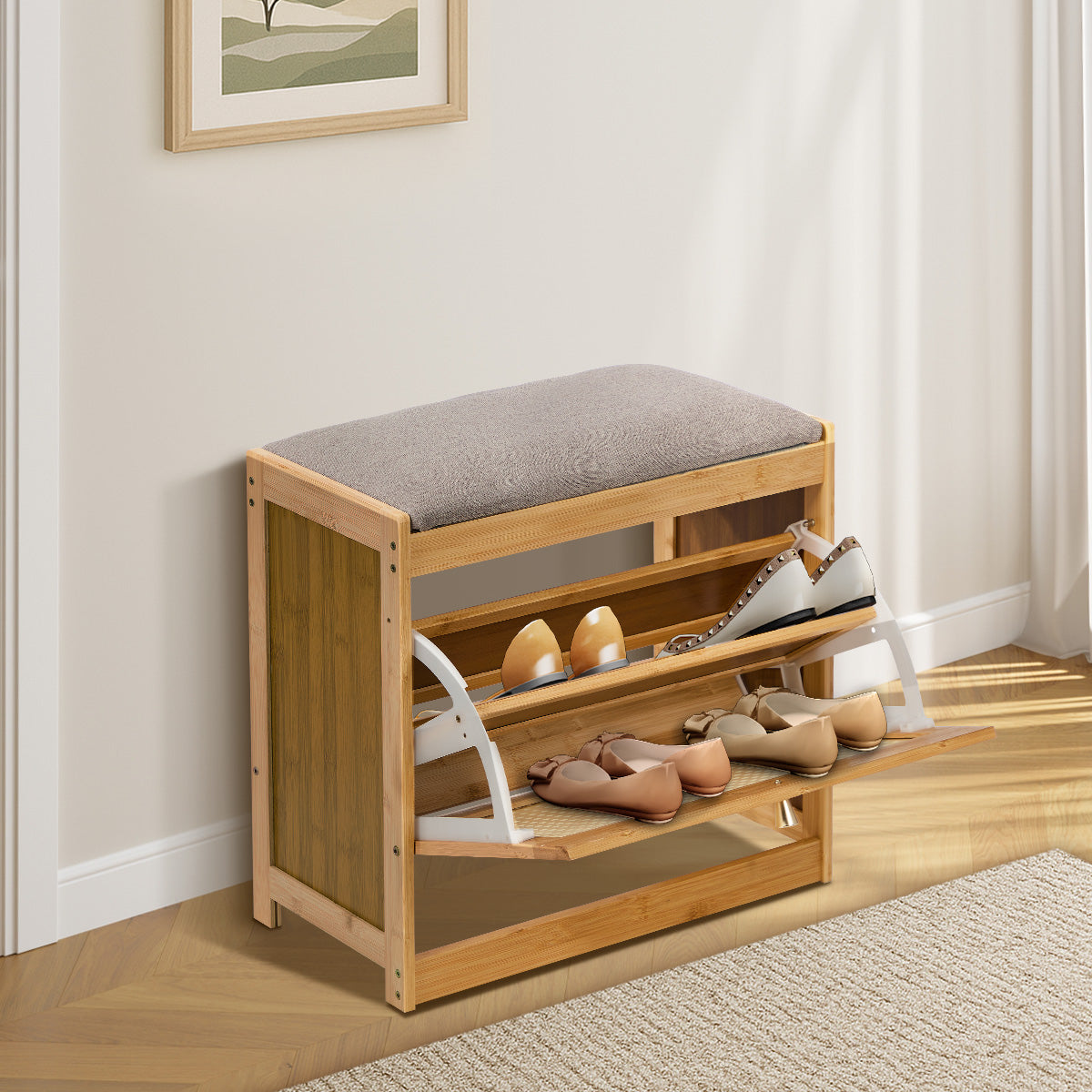 Oikiture Shoe Storage Bench Bamboo 2 in 1 Organiser Shelf with Seat 50cm - Sunyee