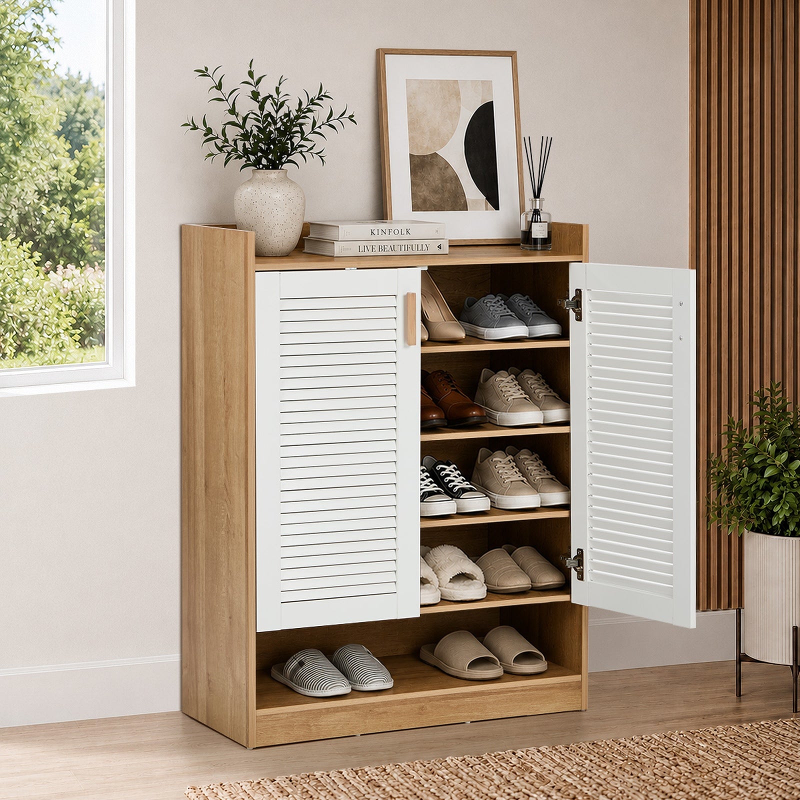 Oikiture Shoe Storage Cabinet 5-Tier Rack 2 Doors Organiser Shelf Enterway