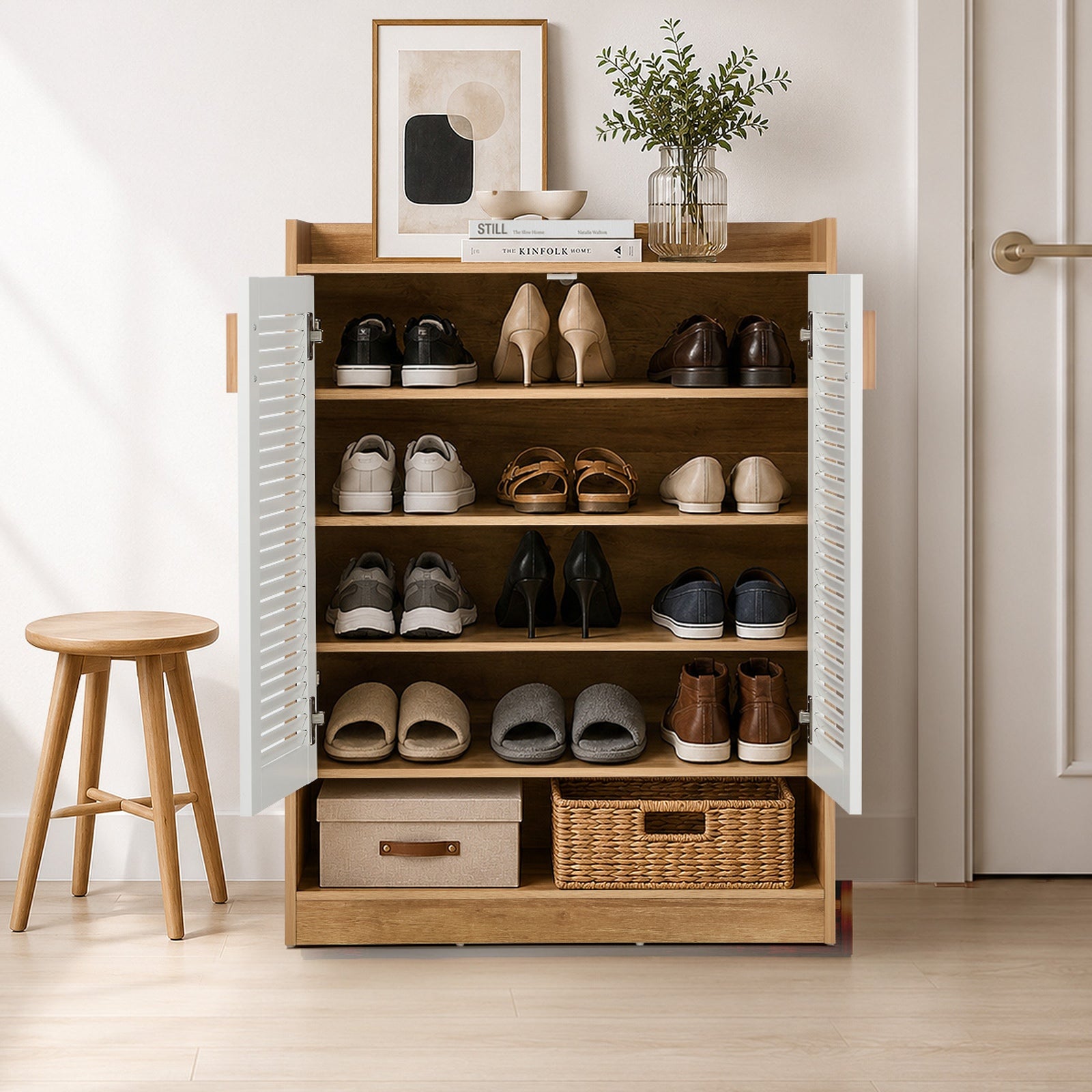 Oikiture Shoe Storage Cabinet 5-Tier Rack 2 Doors Organiser Shelf Enterway