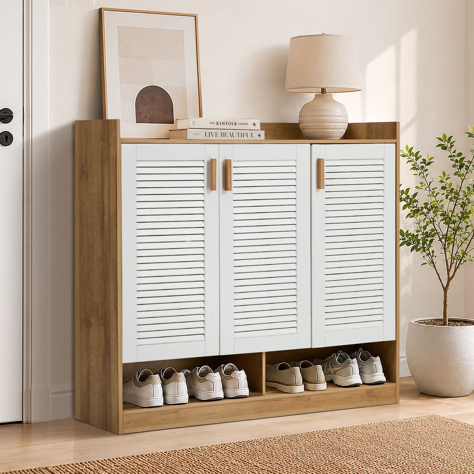 Oikiture Shoe Storage Cabinet 5-Tier Rack 3 Doors Organiser Shelf Cupboard