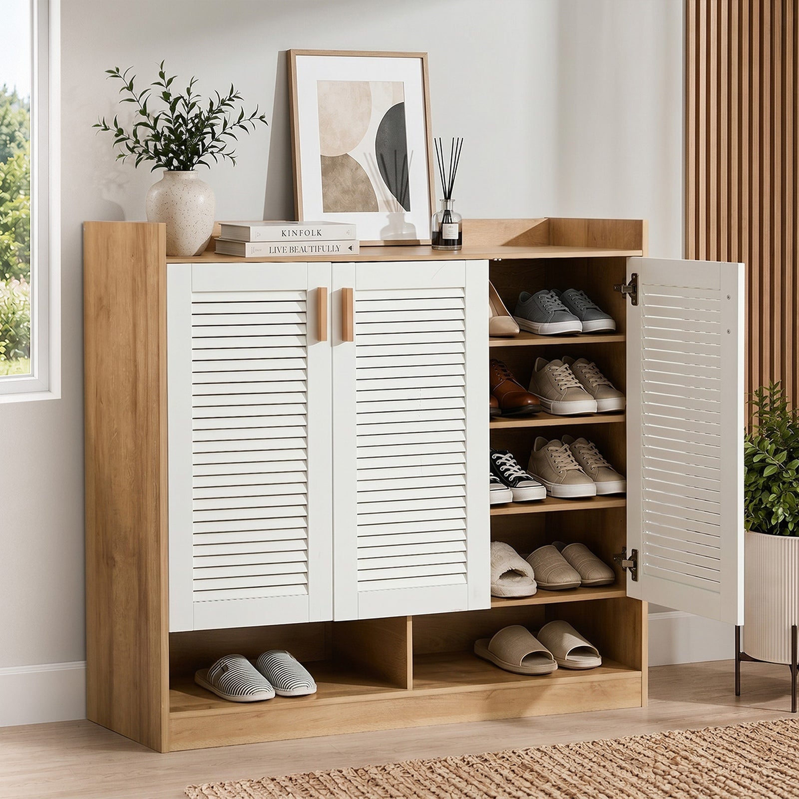 Oikiture Shoe Storage Cabinet 5-Tier Rack 3 Doors Organiser Shelf Cupboard