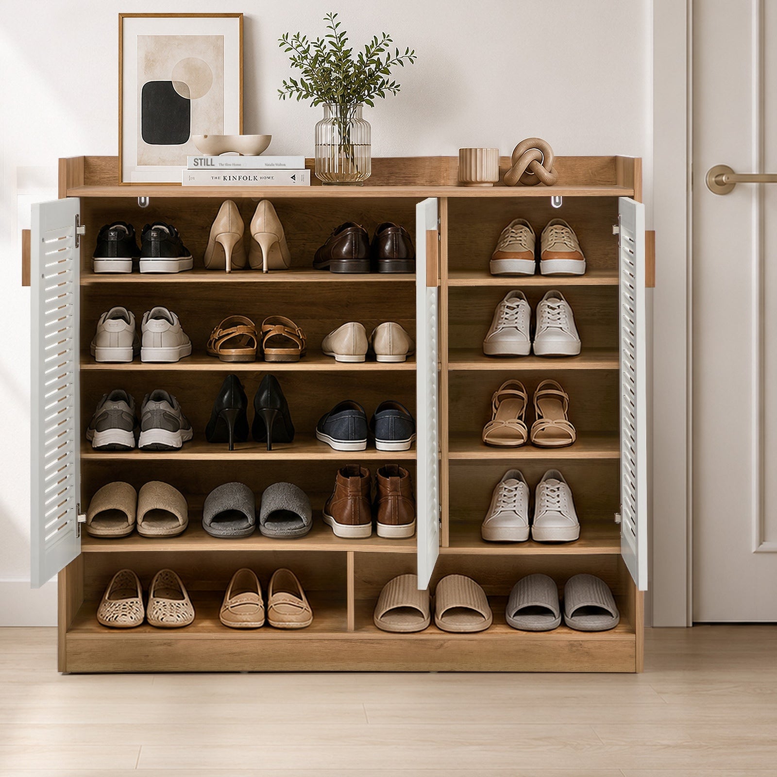 Oikiture Shoe Storage Cabinet 5-Tier Rack 3 Doors Organiser Shelf Cupboard