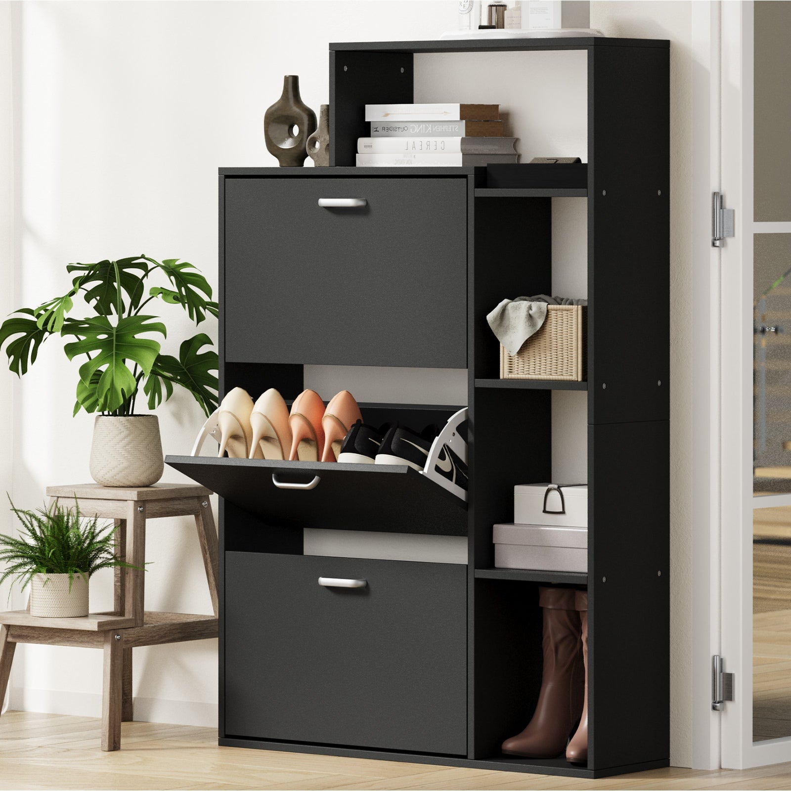 Oikiture Shoe Cabinet Storage 3 Doors Shoes Rack Display Wooden Shelves Black - Sunyee