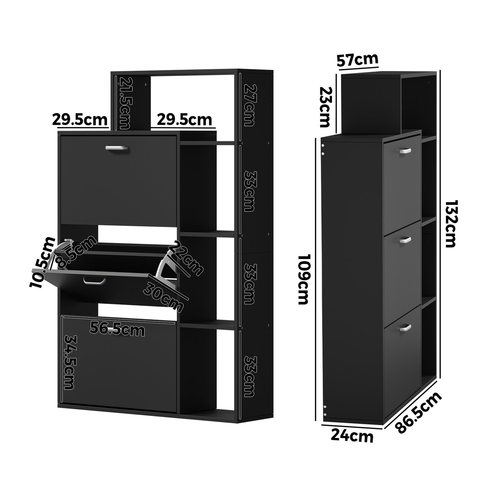 Oikiture Shoe Cabinet Storage 3 Doors Shoes Rack Display Wooden Shelves Black - Sunyee