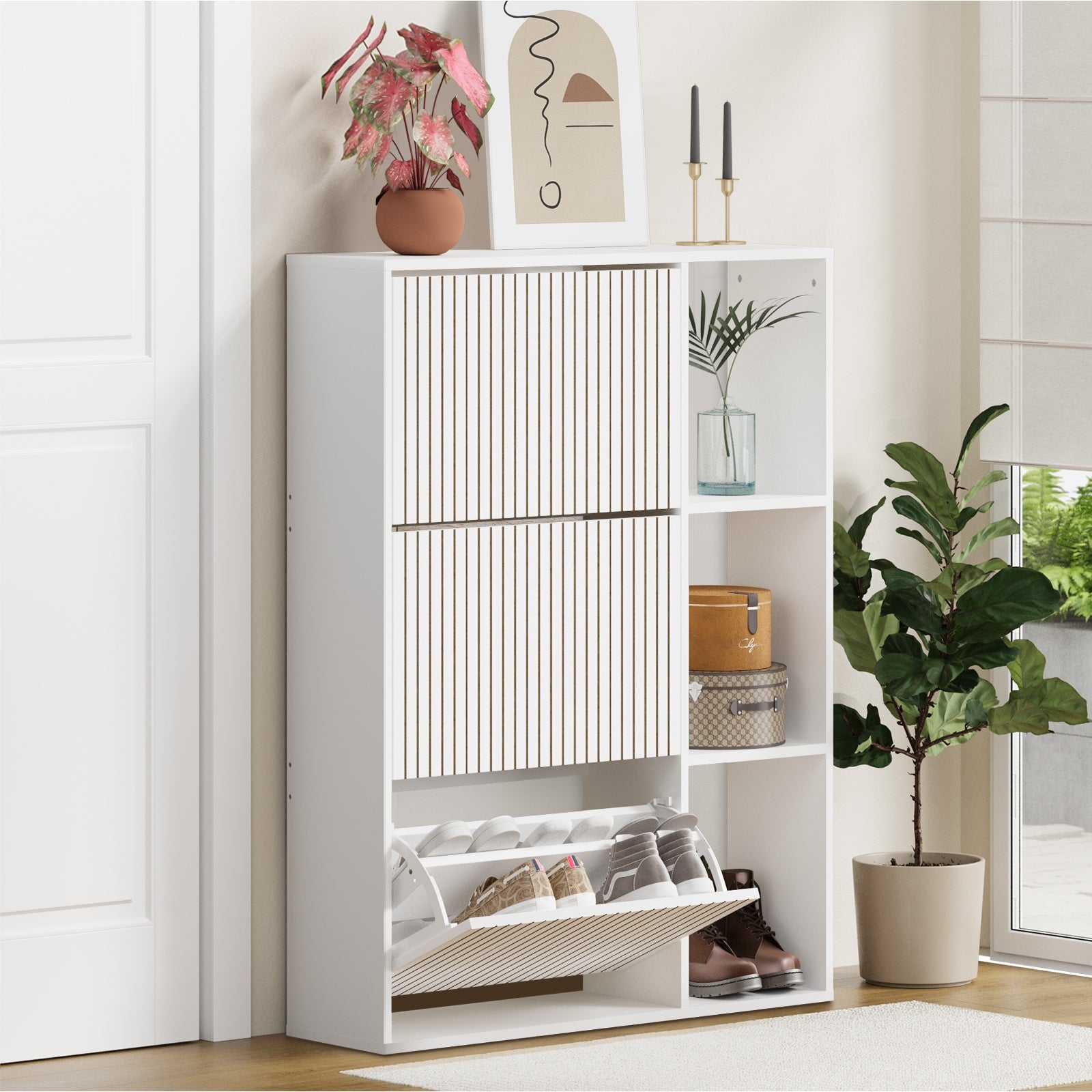 Oikiture Shoe Rack Storage Cabinet with Display Shelves Organiser White - Sunyee