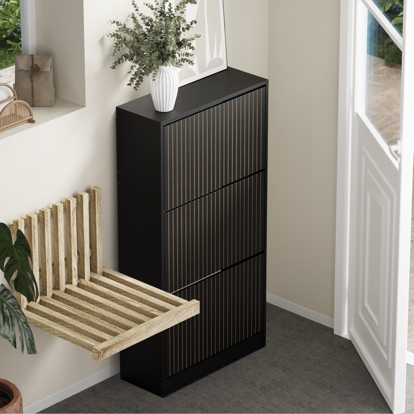 Oikiture Shoe Rack Storage Cabinet Organiser Drawers 3 Doors Black - Sunyee
