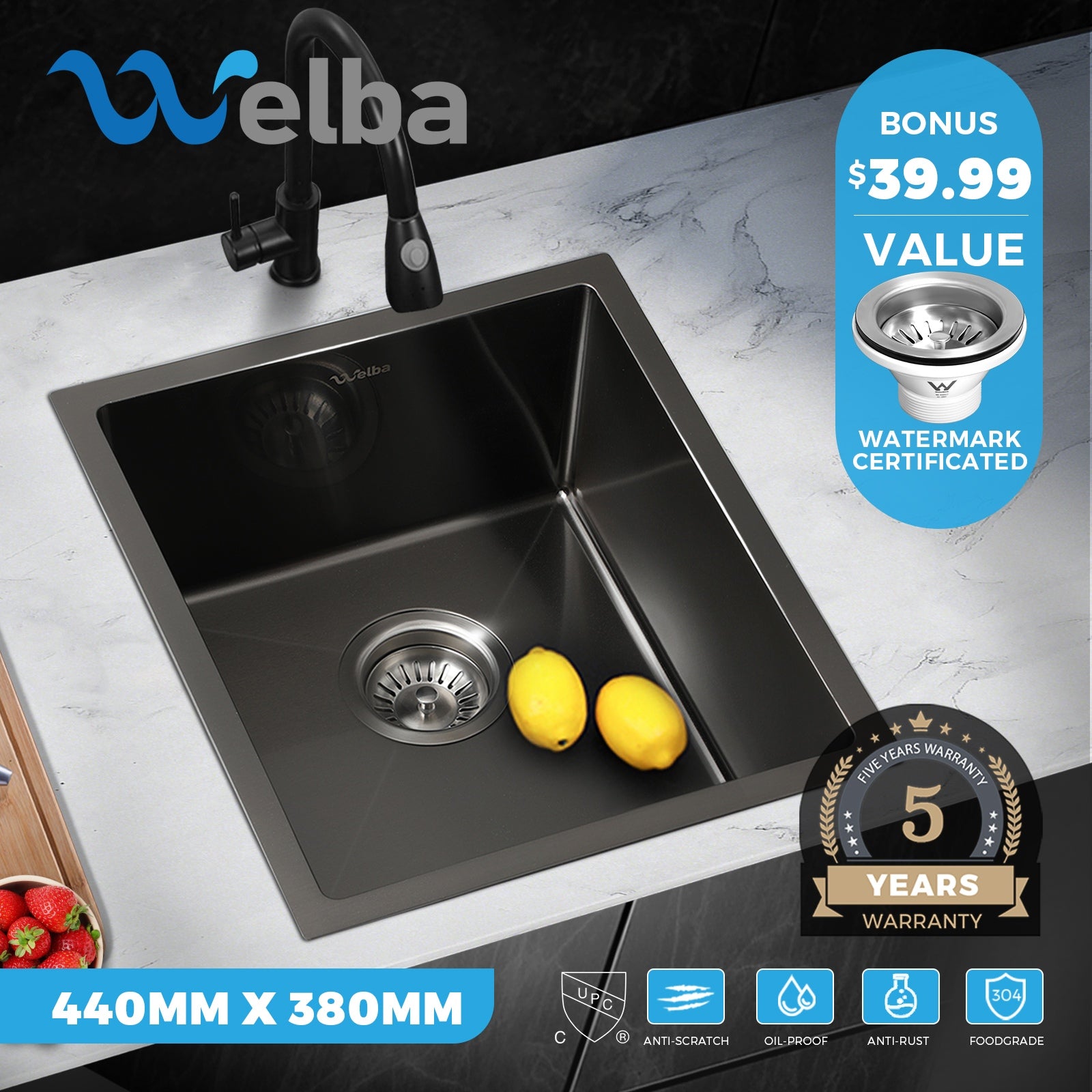 Welba Kitchen Sink Basin Stainless Steel Bathroom Laundry Single Double Bowl - Sunyee