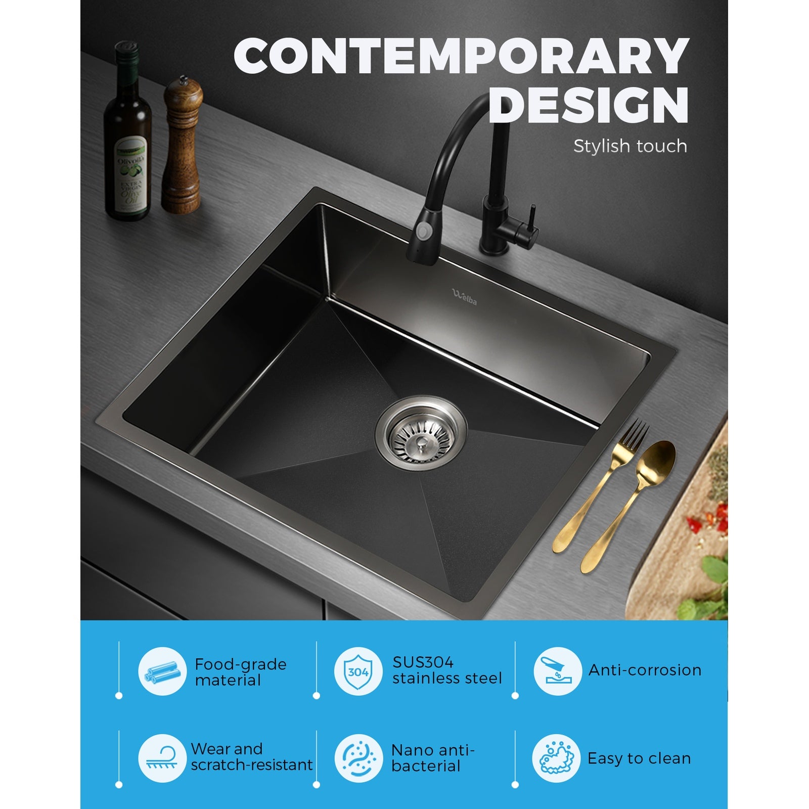 Welba Kitchen Stainless Steel Sink Bathroom Basin Single Bowl Under/Top Mount - Sunyee