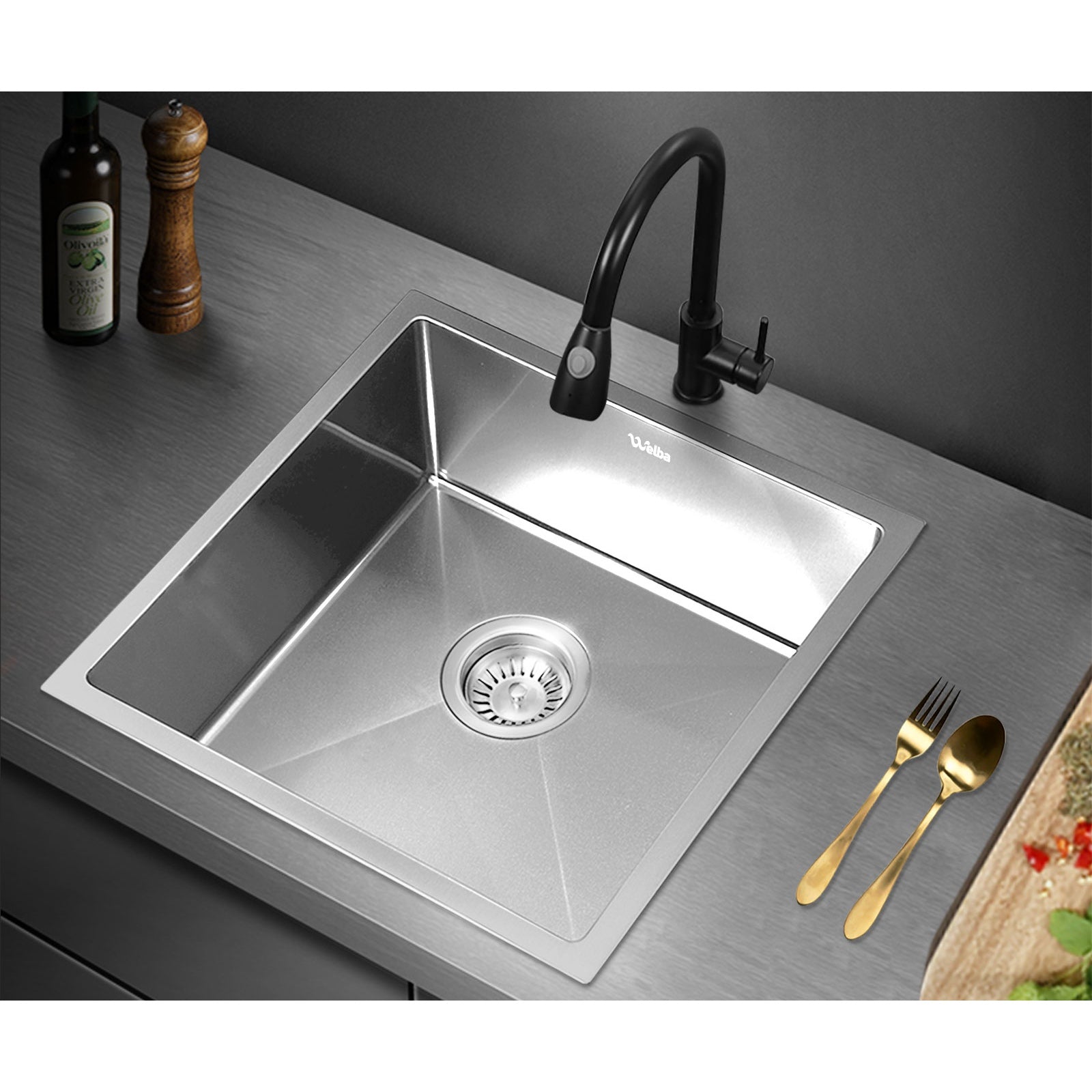 Welba Kitchen Sink Stainless Steel Bathroom Laundry Basin Single Silver 44X44CM - Sunyee