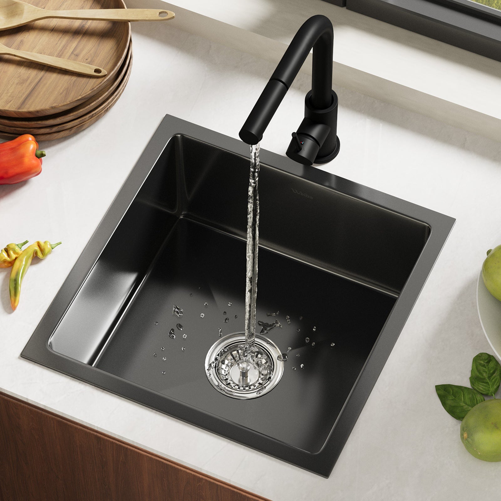 Welba Kitchen Sink 44X44CM With Pull Out Mixer Tap Stainless Steel Basin Black - Sunyee