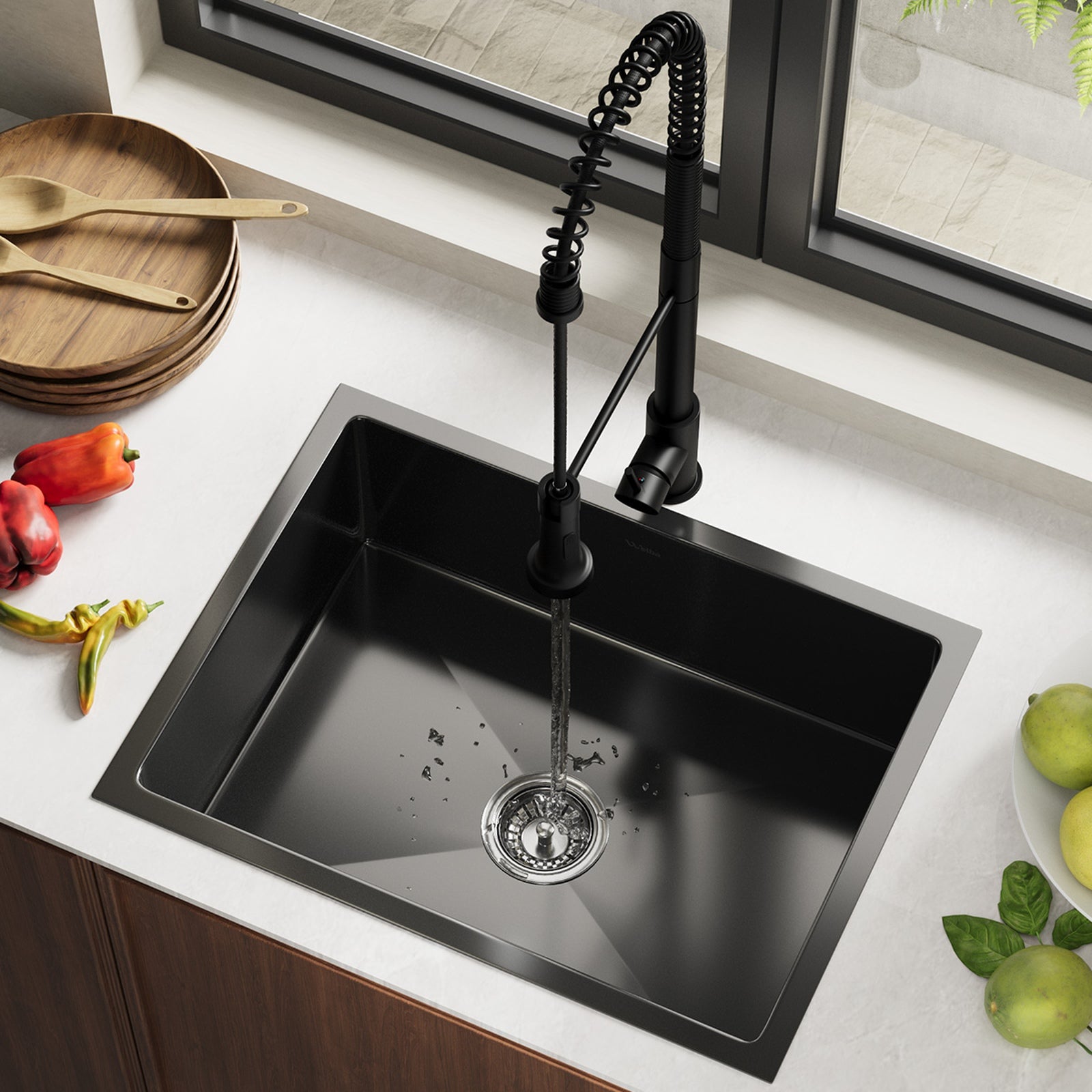 Welba Kitchen Sink 60X45CM With Pull Out Mixer Tap Stainless Steel Basin Black - Sunyee