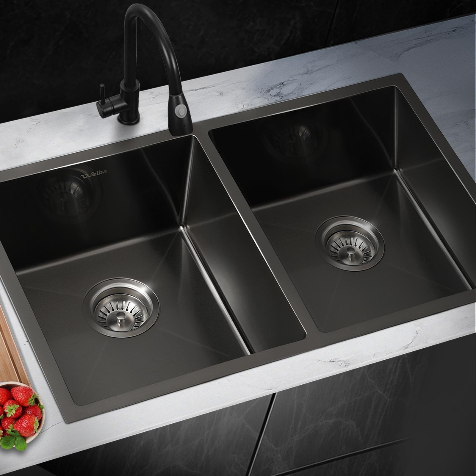 Welba Kitchen Sink Stainless Steel Single Double Bowl Basin With Waste Black - Sunyee