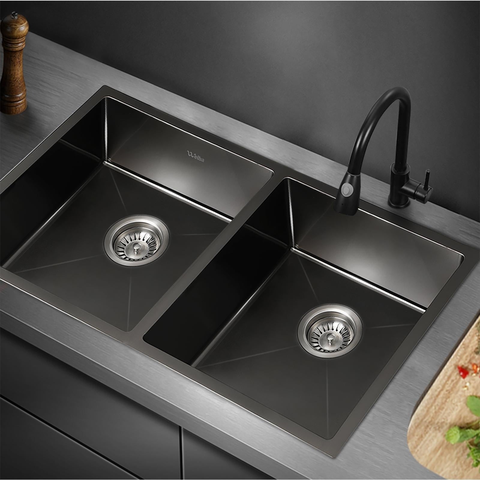 Welba Kitchen Sink Stainless Steel Basin Double Under/Top/Flush Mount Black - Sunyee