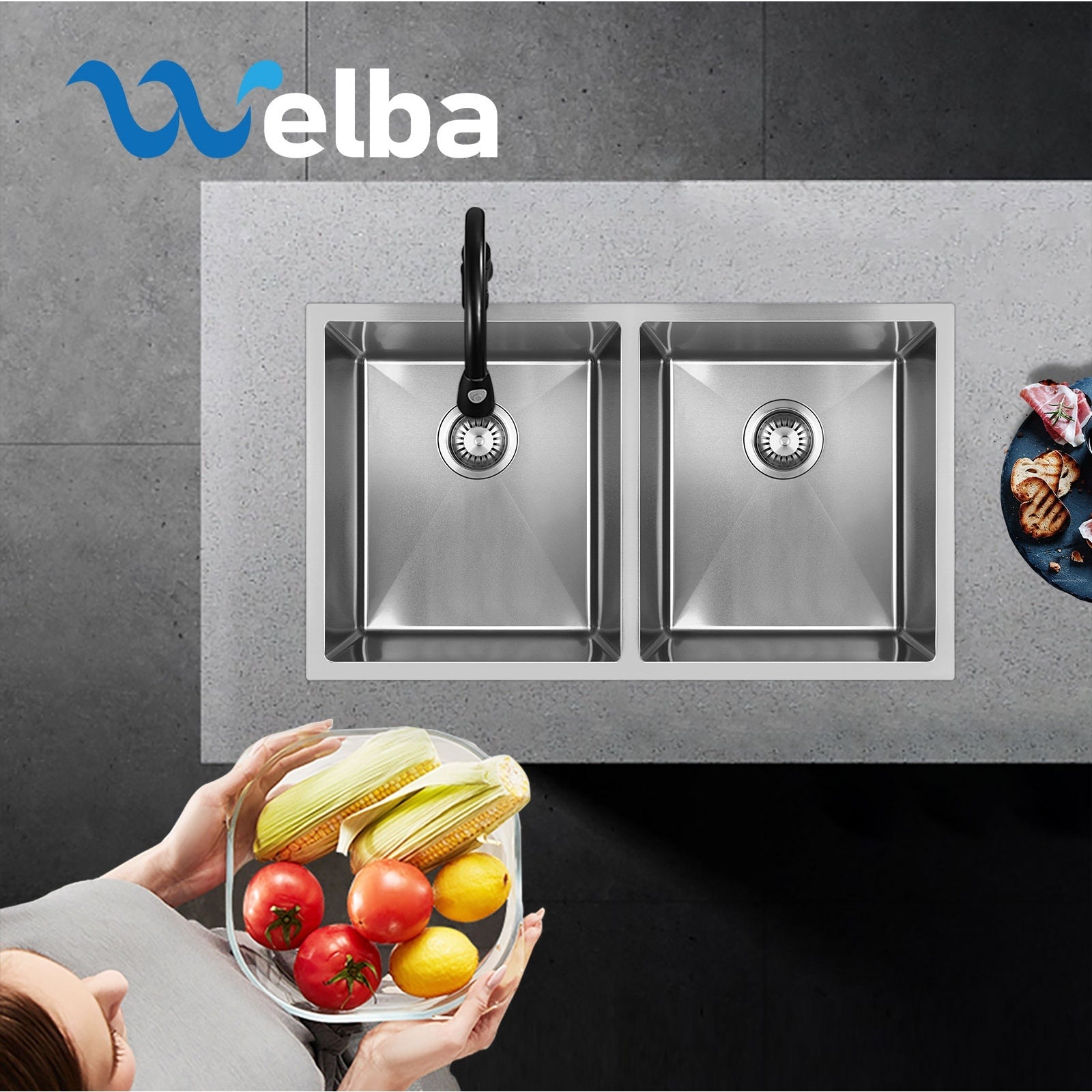 Welba Kitchen Sink Stainless Steel Basin Double Under/Top/Flush Mount 76X44CM - Sunyee