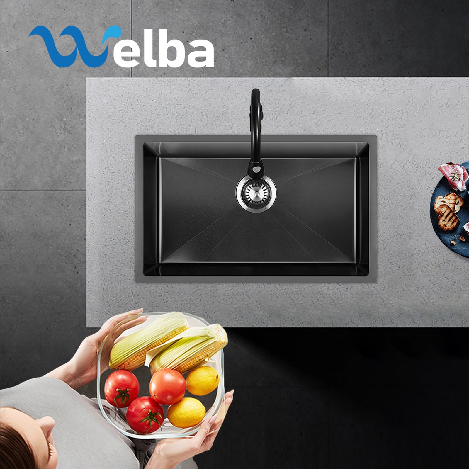 Welba Kitchen Sink Stainless Steel Single Double Bowl Basin With Waste Black - Sunyee
