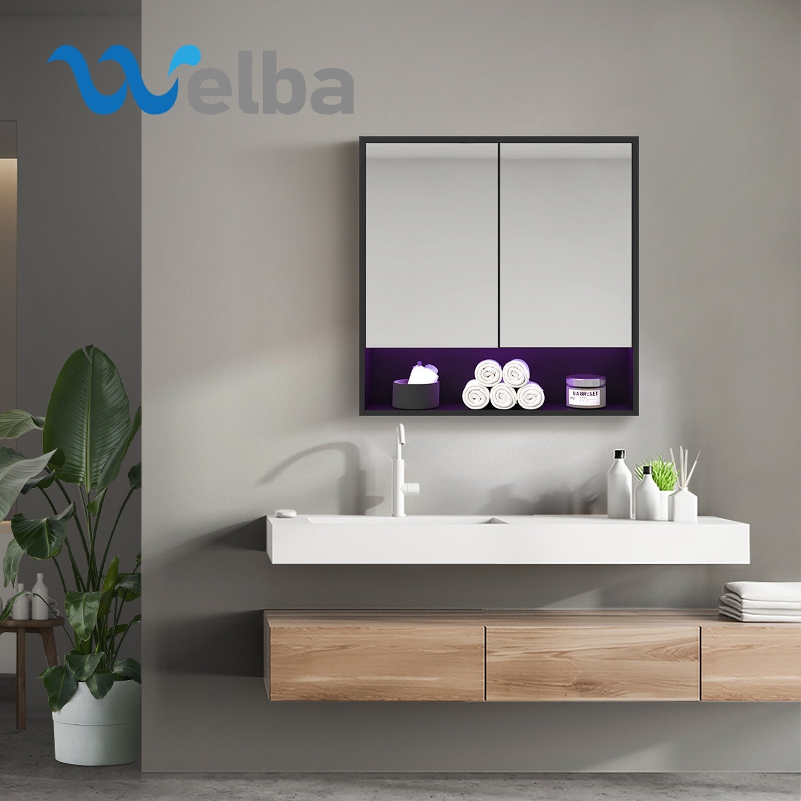 Welba Bathroom Mirror Cabinet LED Medicine Shaving Wall Storage 750x750mm Black - Sunyee