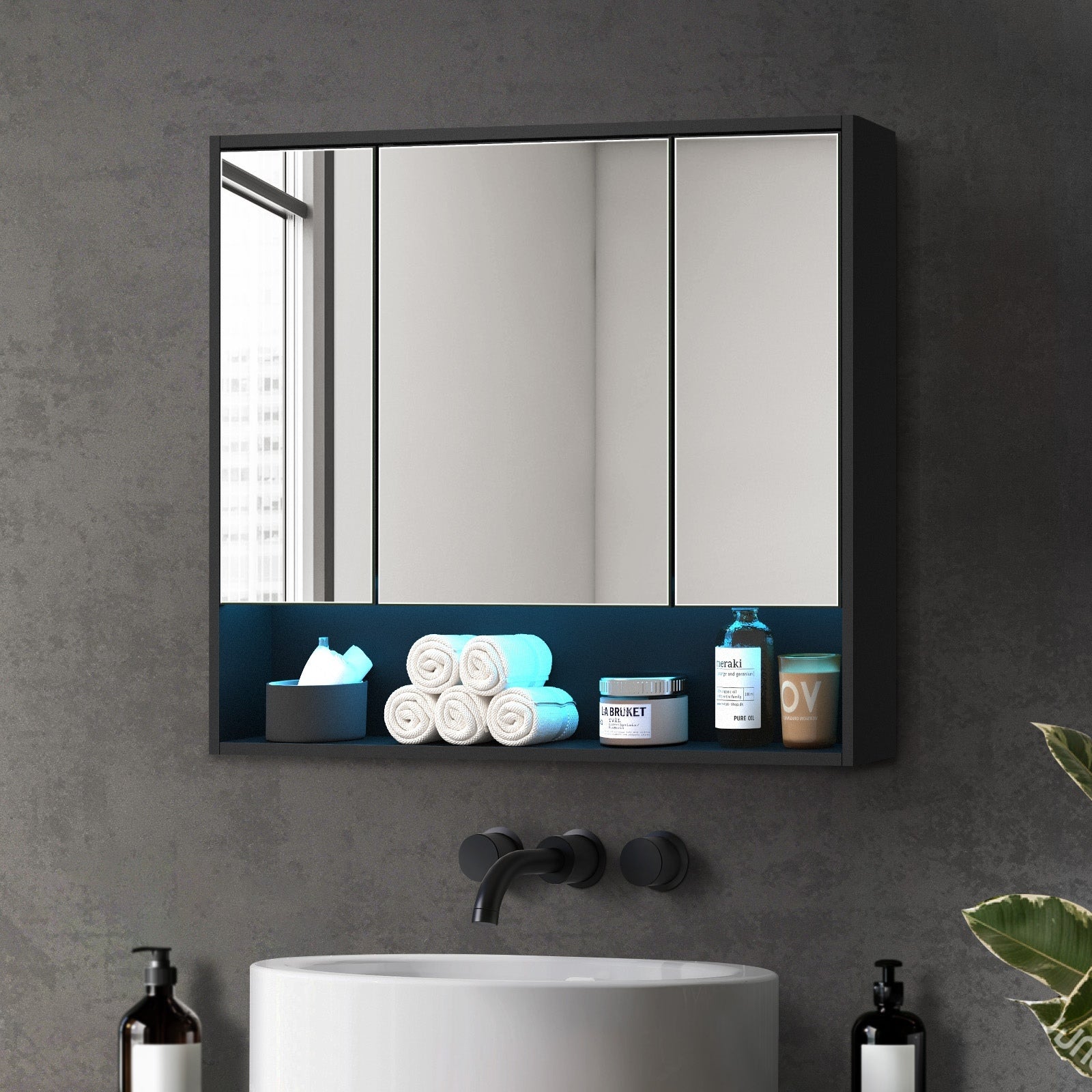 Welba Bathroom Mirror Cabinet LED Medicine Shaving Wall Storage 900x750mm Black - Sunyee