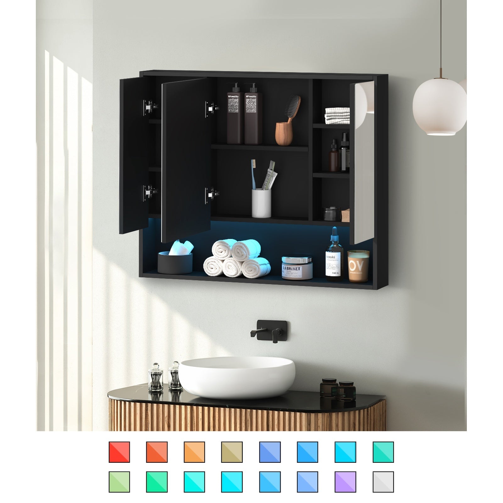 Welba Bathroom Mirror Cabinet LED Medicine Shaving Wall Storage 900x750mm Black - Sunyee