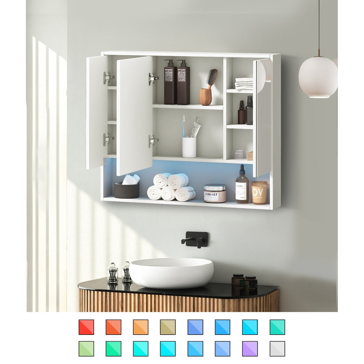 Welba Bathroom Mirror Cabinet LED Light Medicine Shaving Wall Storage 900x750mm - Sunyee