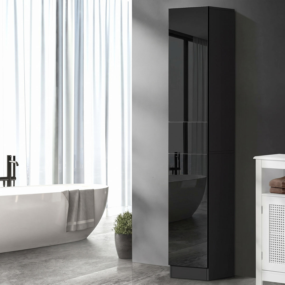 Oikiture Tall Bathroom Cabinet Storage Laundry Slim Toilet Floor Cupboard Black - Sunyee