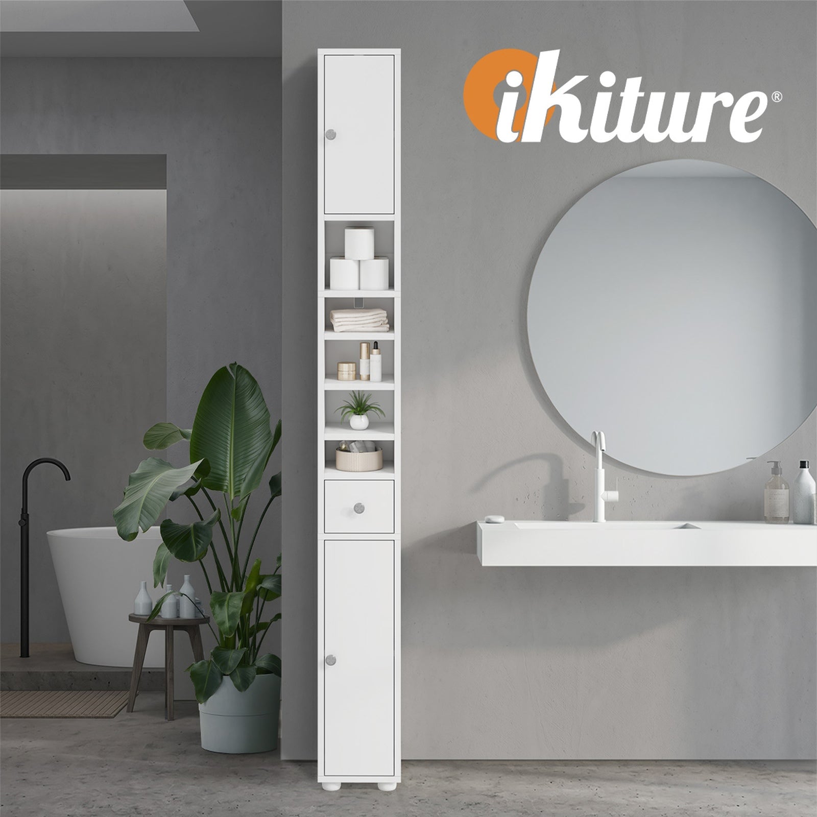 Oikiture Tall Bathroom Storage Cabinet Shelf Drawer Tallboy Cupboard White