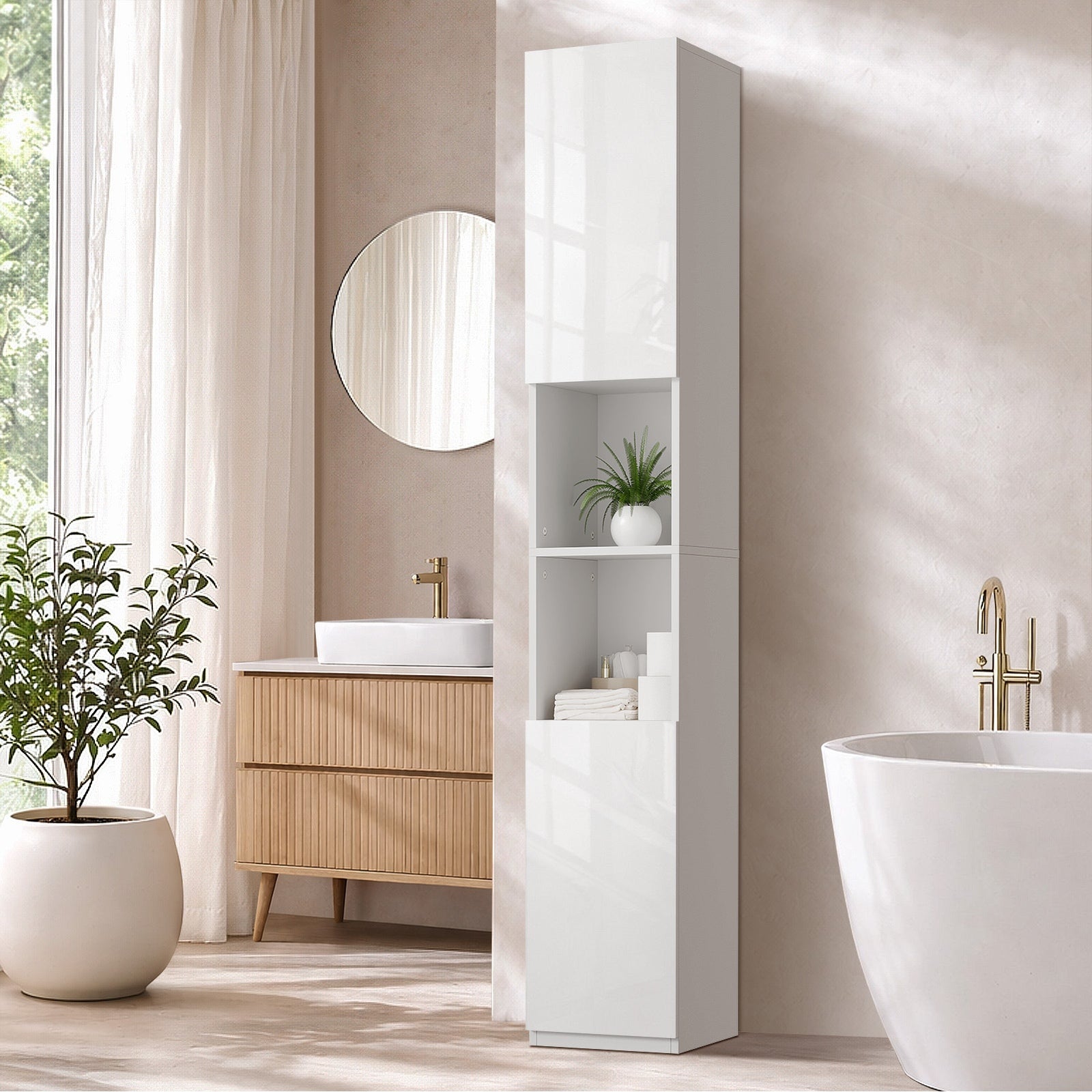 Oikiture Bathroom Cabinet Storage High Gloss Tall Cupboard Toilet Shelf White