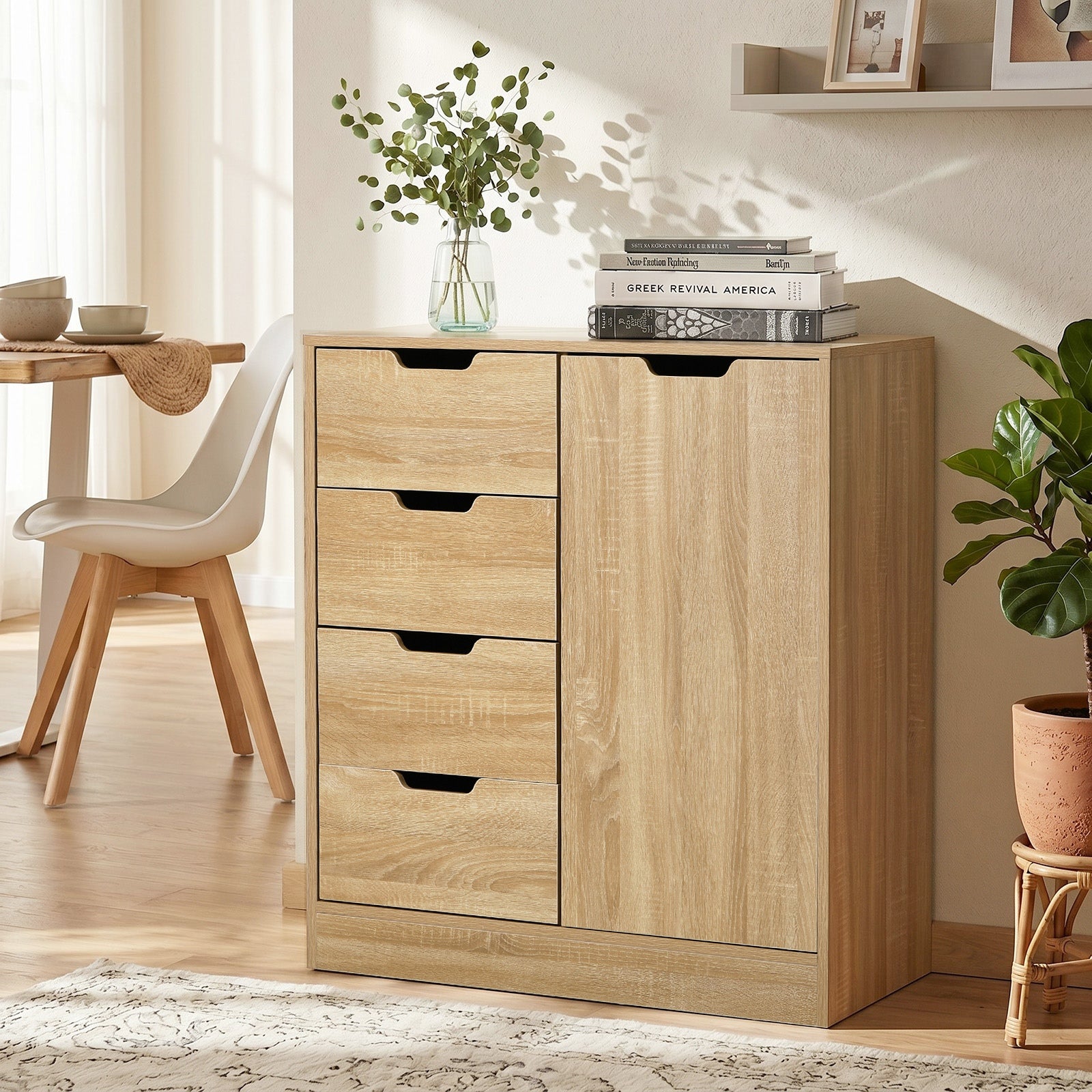 Oikiture Storage Cabinet Bathroom Buffet 4 Drawer Freestanding Cupboard Natural