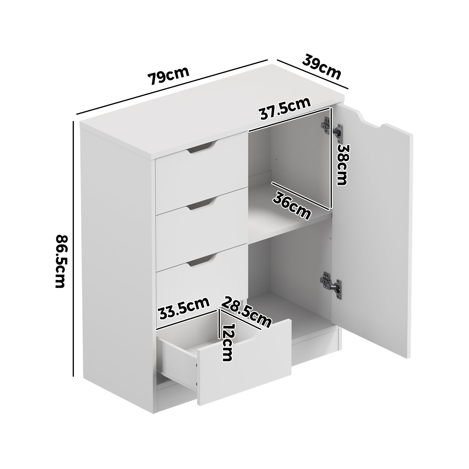 Oikiture Storage Cabinet Bathroom Buffet 4 Drawer Freestanding Cupboard White