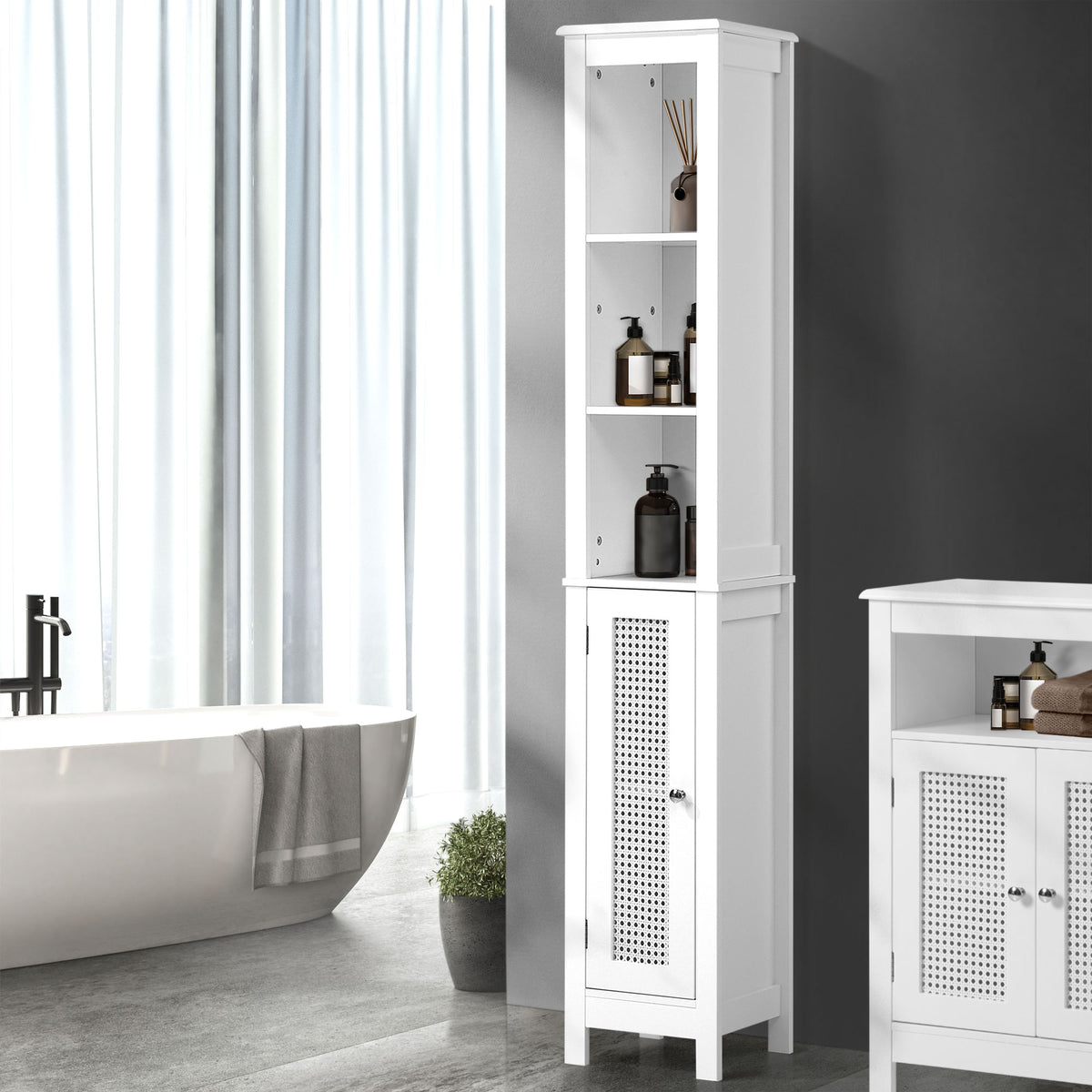 Oikiture Bathroom Cabinet Floor Cupboard Laundry Storage Rattan Door White