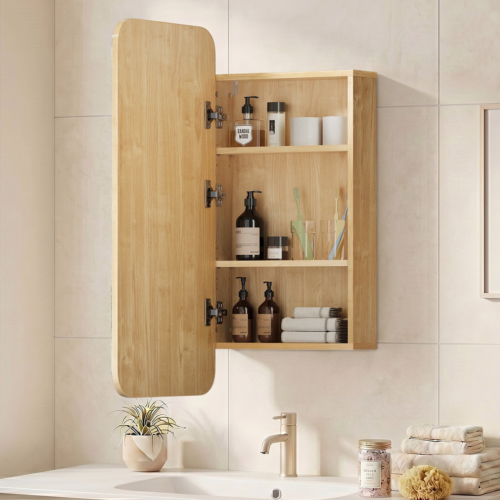 Welba Bathroom Mirror Cabinet Organiser 3-Tier Adjustable Shelves Natural
